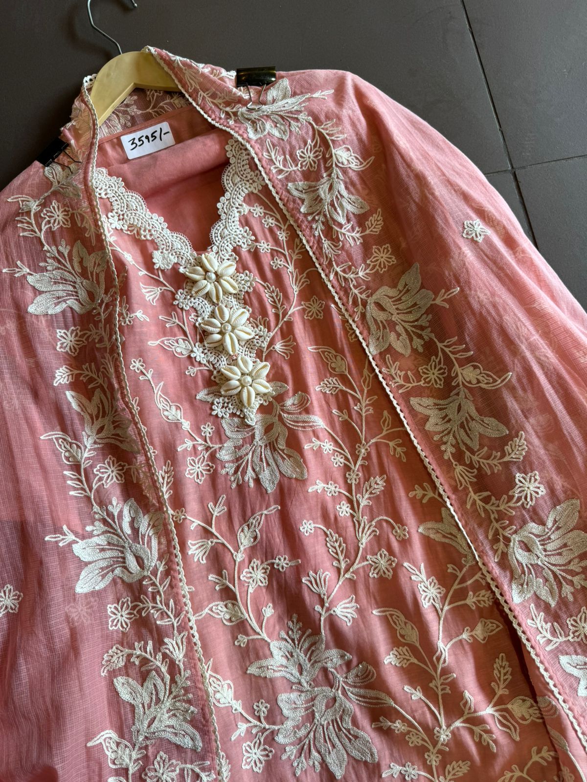 Soft linen cotton shirt (Unstitched)with crochia lace neck