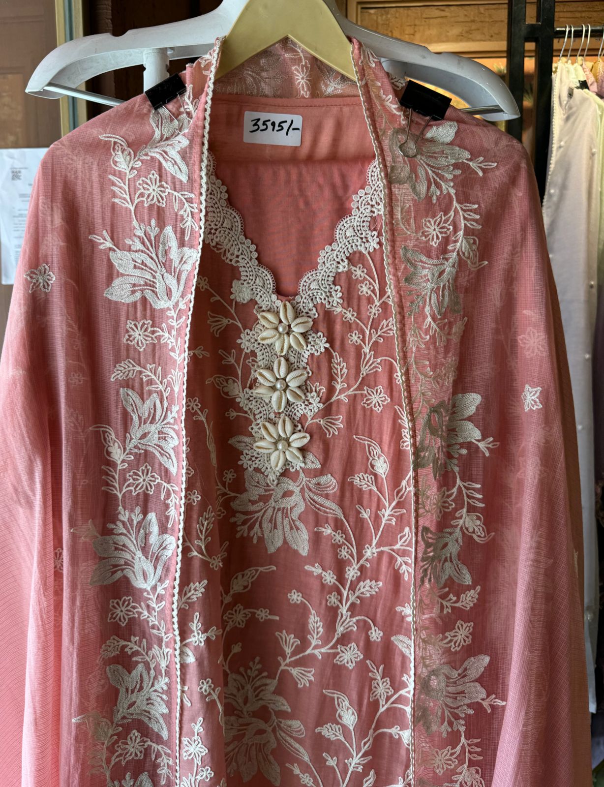 Soft linen cotton shirt (Unstitched)with crochia lace neck