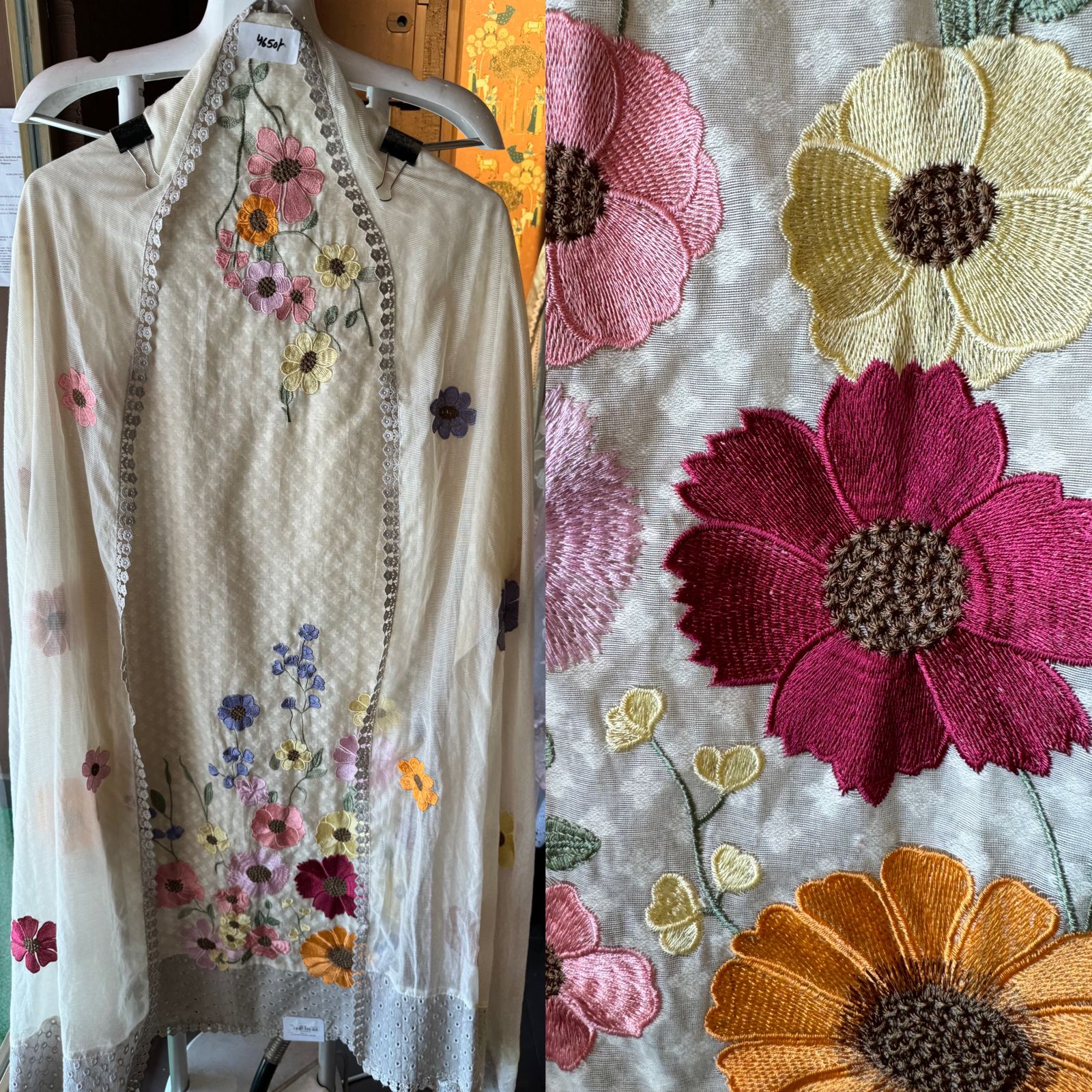 Pure jamdani cotton unstitched full size shirt with threadwork on the neckline and shirt ghera