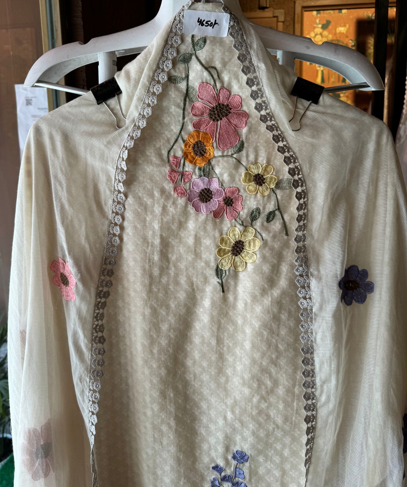 Pure jamdani cotton unstitched full size shirt with threadwork on the neckline and shirt ghera