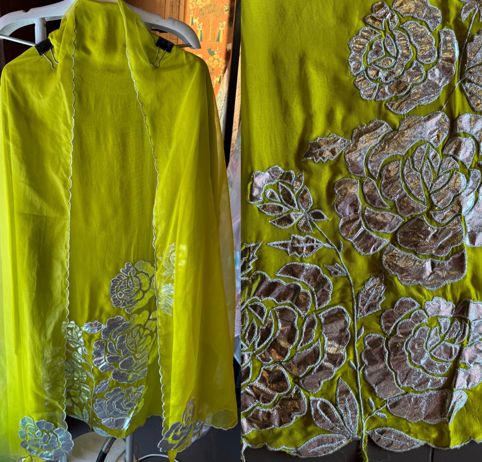 Soft organza Unstitched Shirt with Shimmer Patchwork done on the shirt front