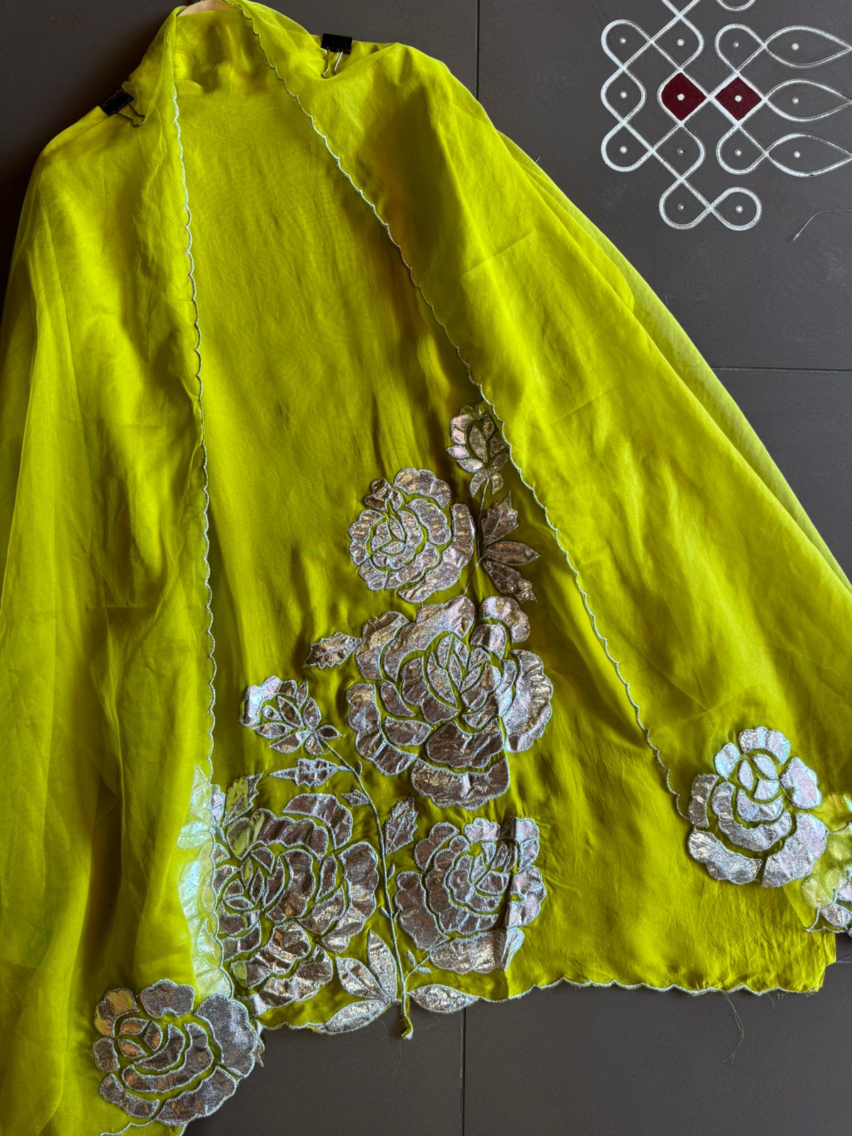 Soft organza Unstitched Shirt with Shimmer Patchwork done on the shirt front