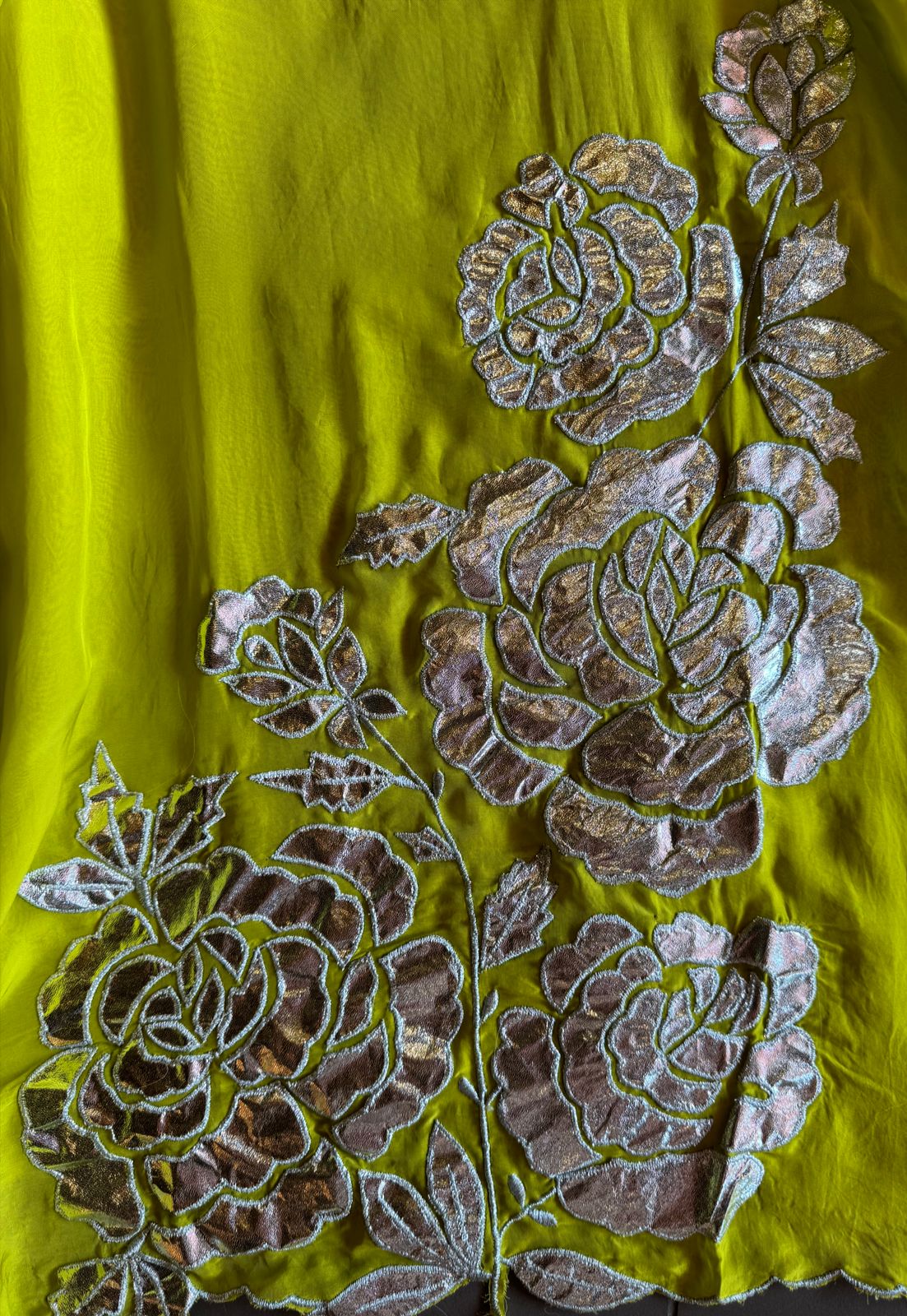 Soft organza Unstitched Shirt with Shimmer Patchwork done on the shirt front