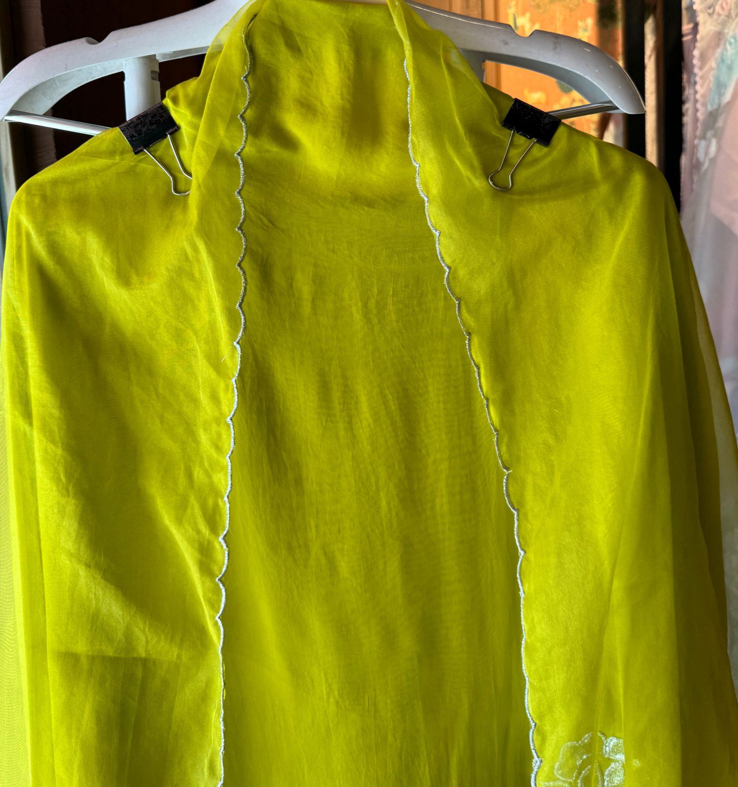 Soft organza Unstitched Shirt with Shimmer Patchwork done on the shirt front