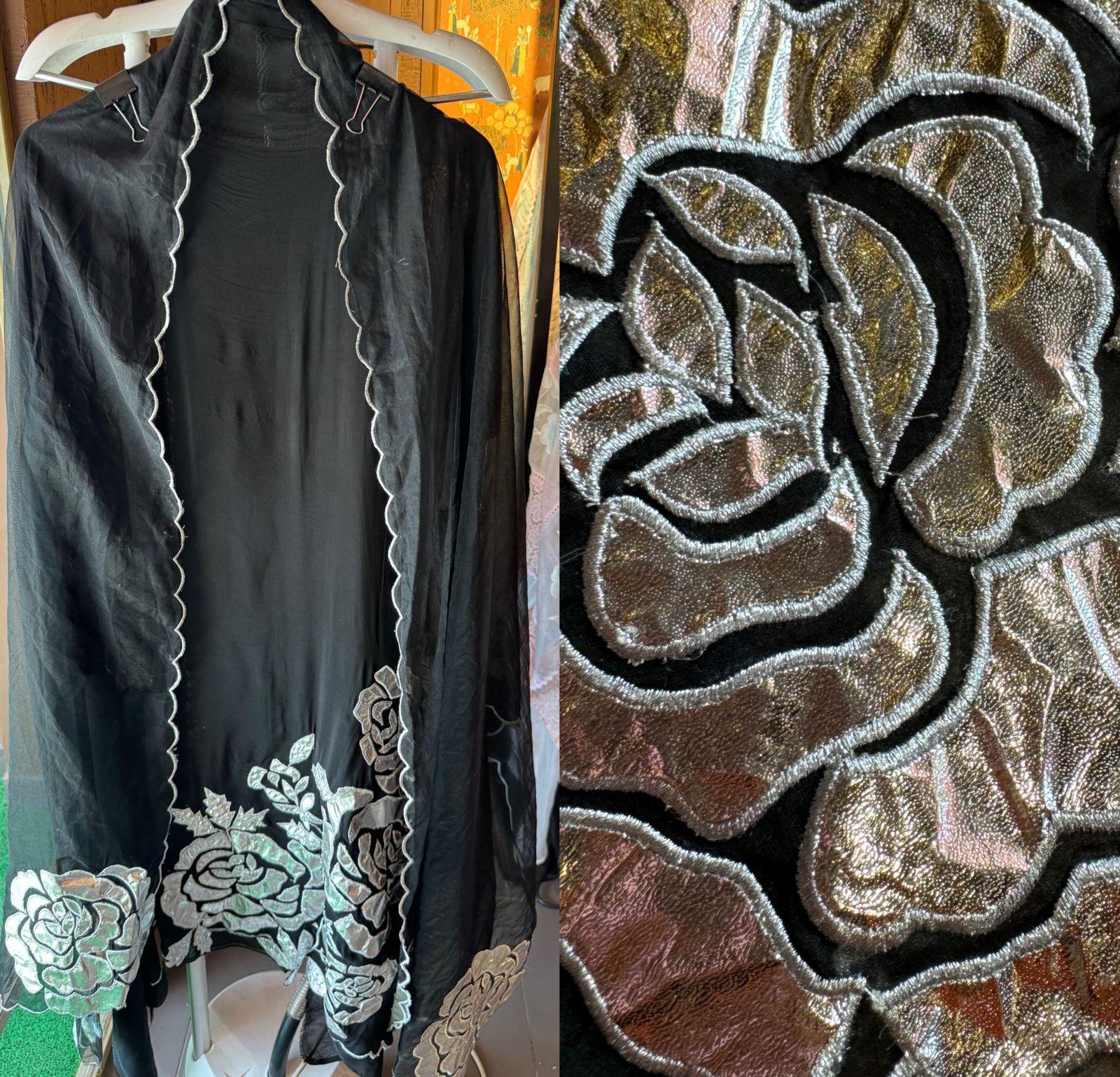 Soft organza Unstitched Shirt with Shimmer Patchwork done on the shirt front