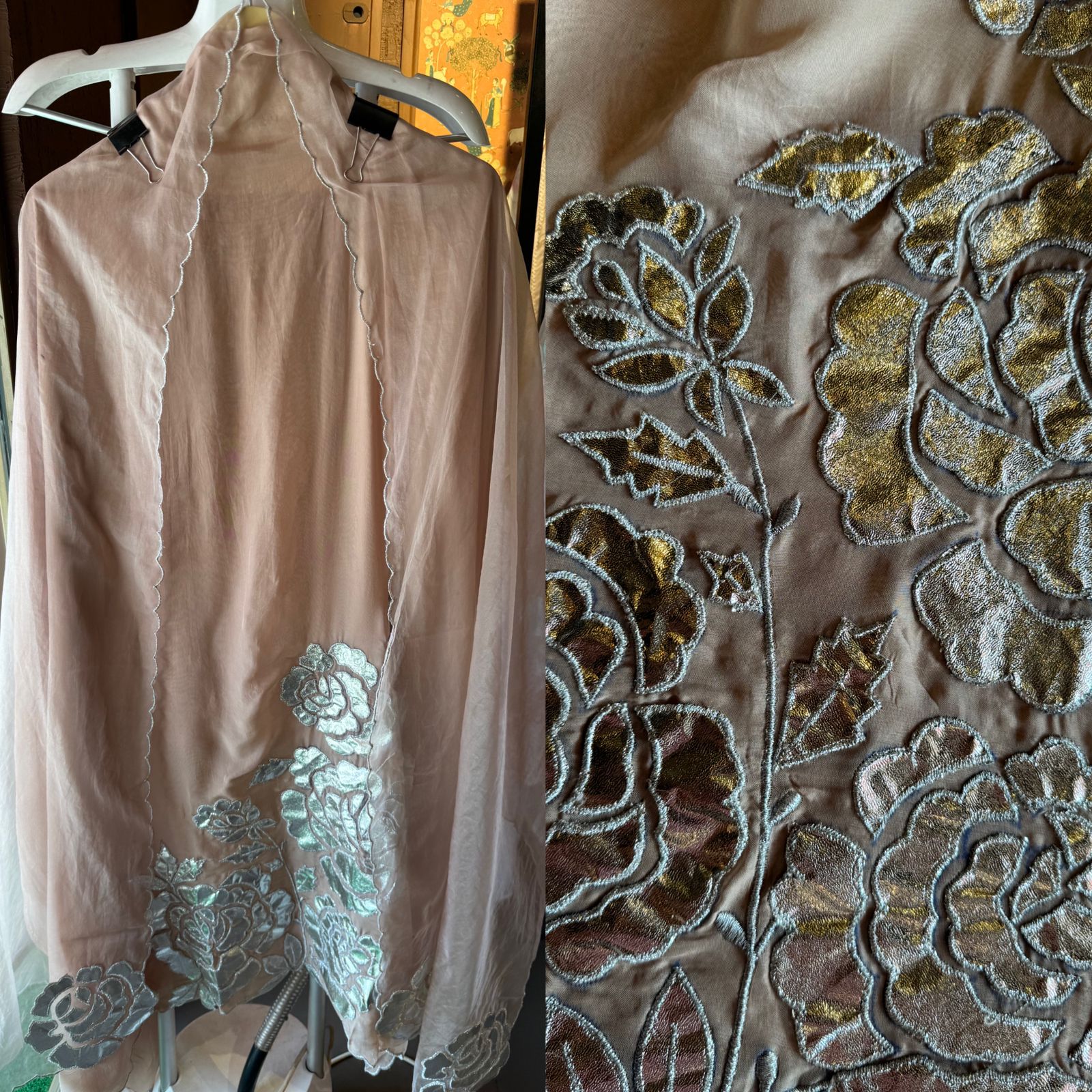 Soft organza Unstitched Shirt with Shimmer Patchwork done on the shirt front