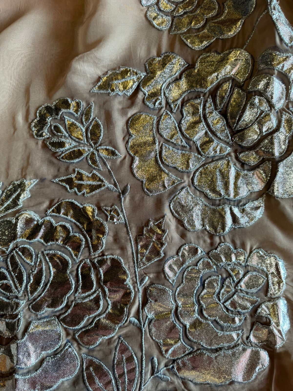 Soft organza Unstitched Shirt with Shimmer Patchwork done on the shirt front