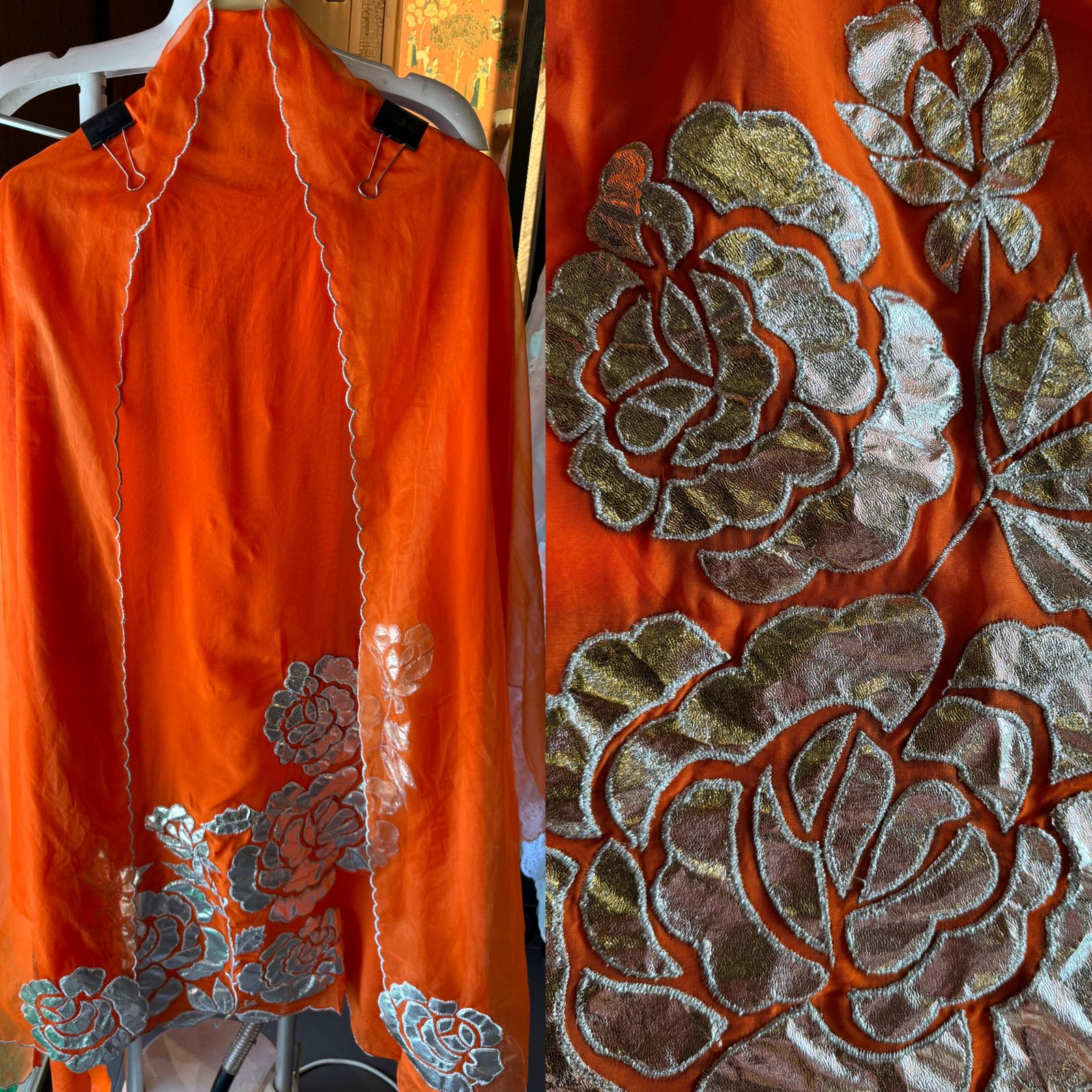 Soft organza Unstitched Shirt with Shimmer Patchwork done on the shirt front