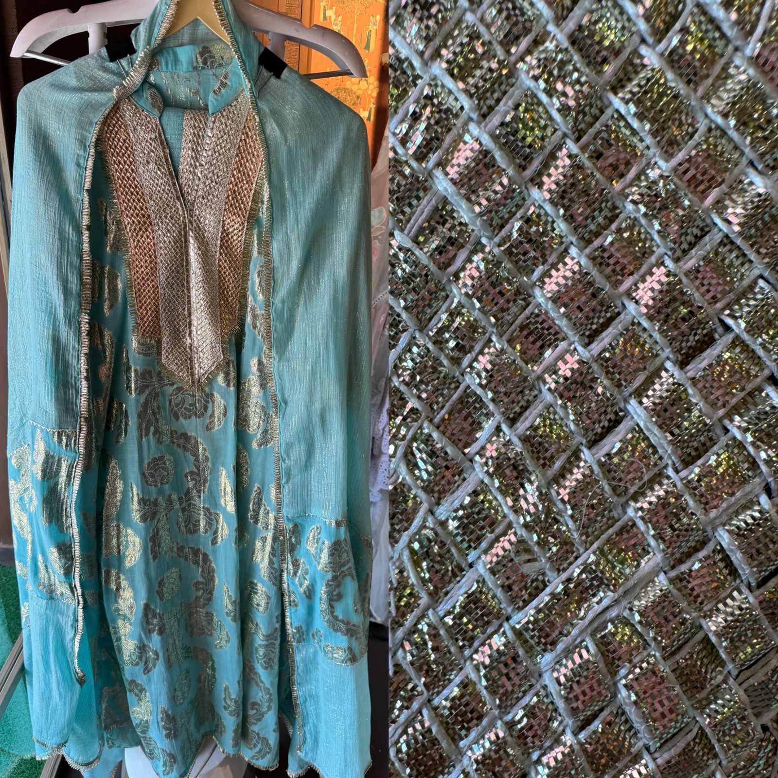 Pure Mul cotton shimmer jacquard shirt with gotta work done on the neckline