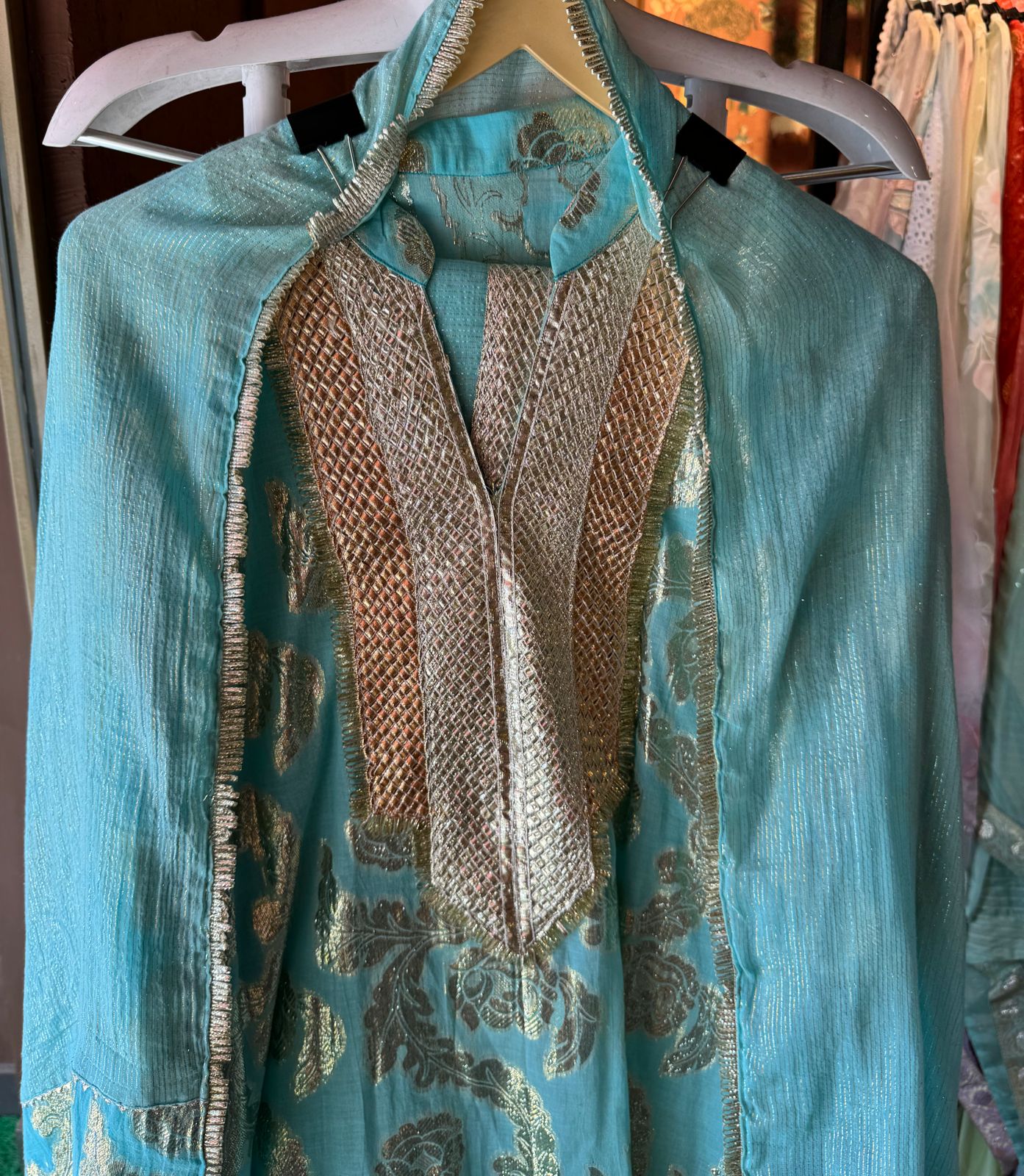 Pure Mul cotton shimmer jacquard shirt with gotta work done on the neckline