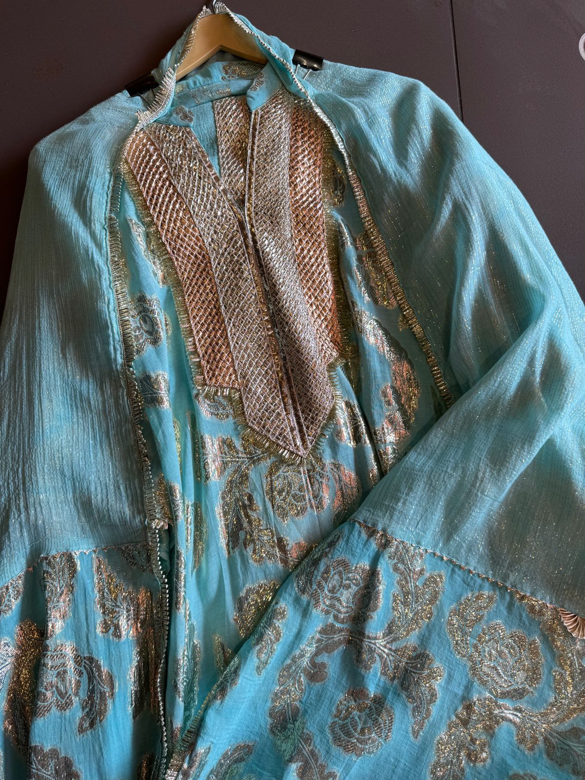 Pure Mul cotton shimmer jacquard shirt with gotta work done on the neckline