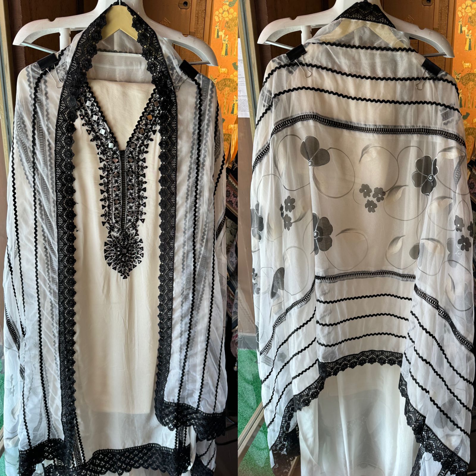 Soft organza Unstitched shirt with Crochia Laces attached