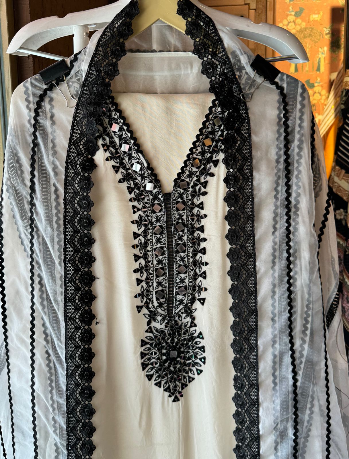 Soft organza Unstitched shirt with Crochia Laces attached