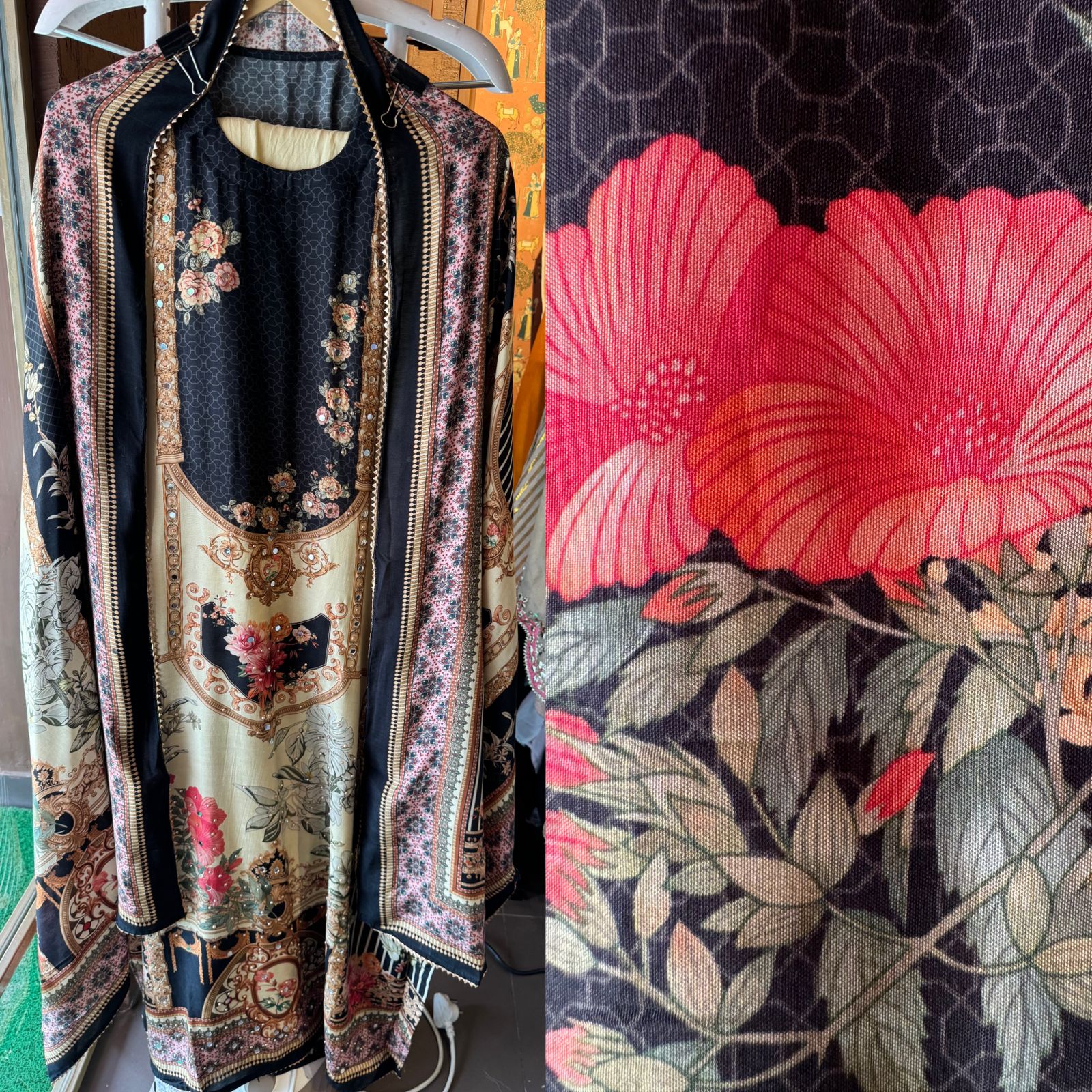 Soft muslin digital printed Shiry with Moti and Mirro