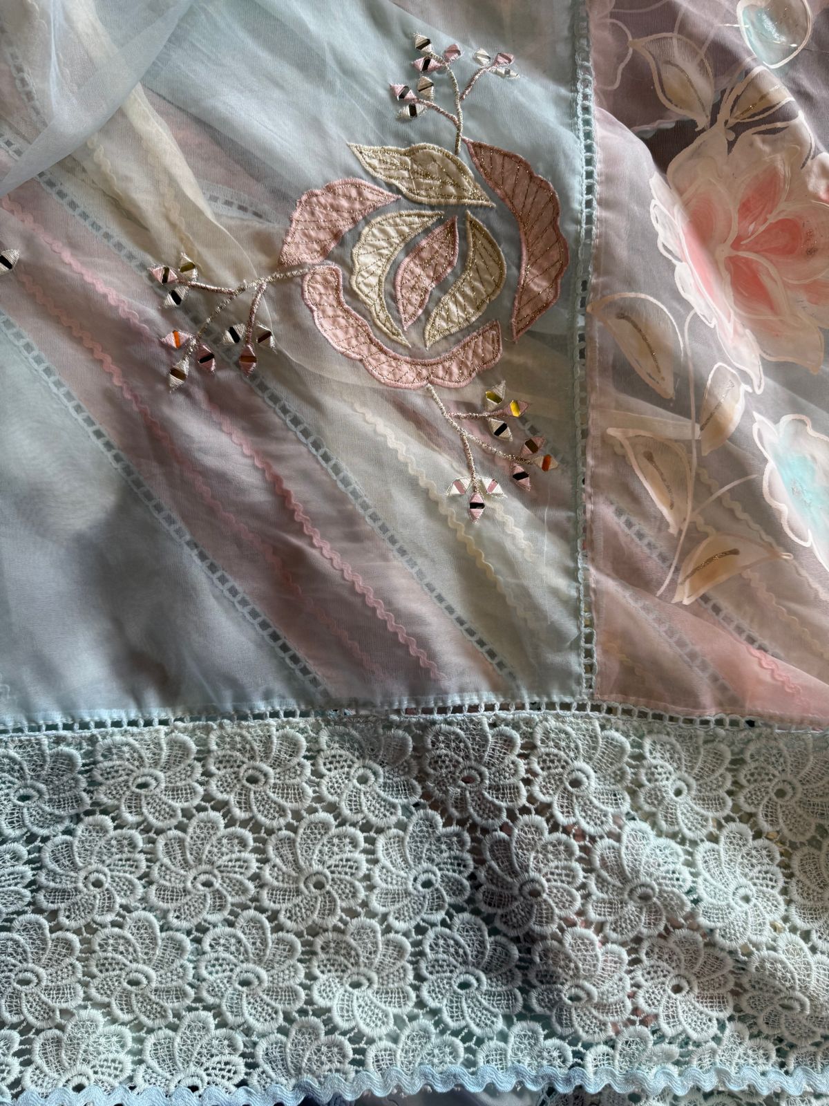 Soft organza Unstitched shirt with Multi lacework