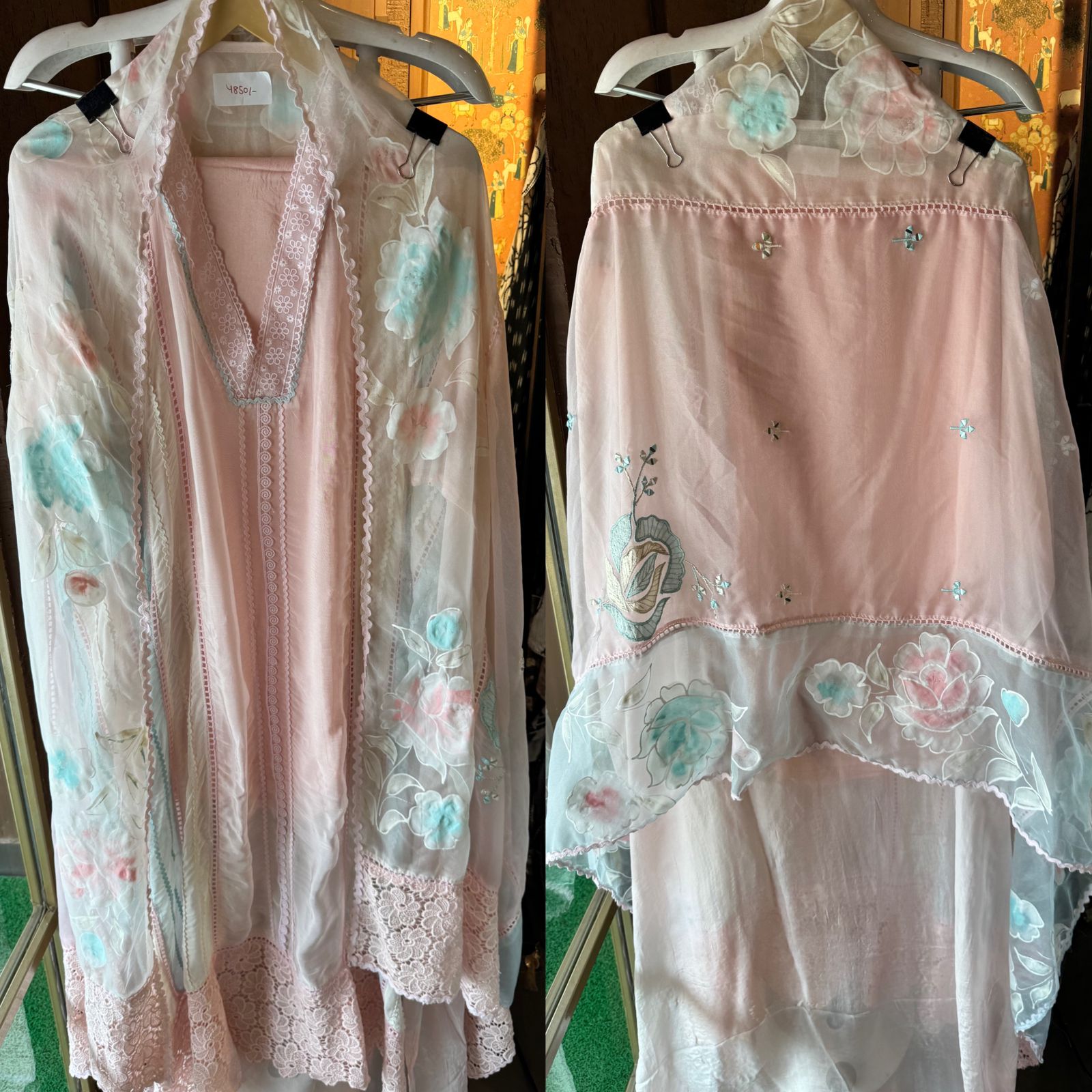 Soft organza Unstitched shirt with Multi lacework