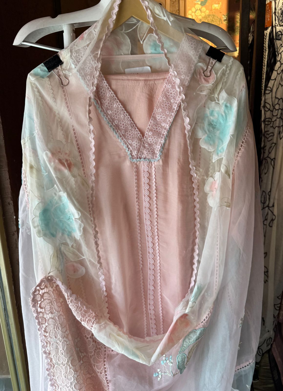 Soft organza Unstitched shirt with Multi lacework