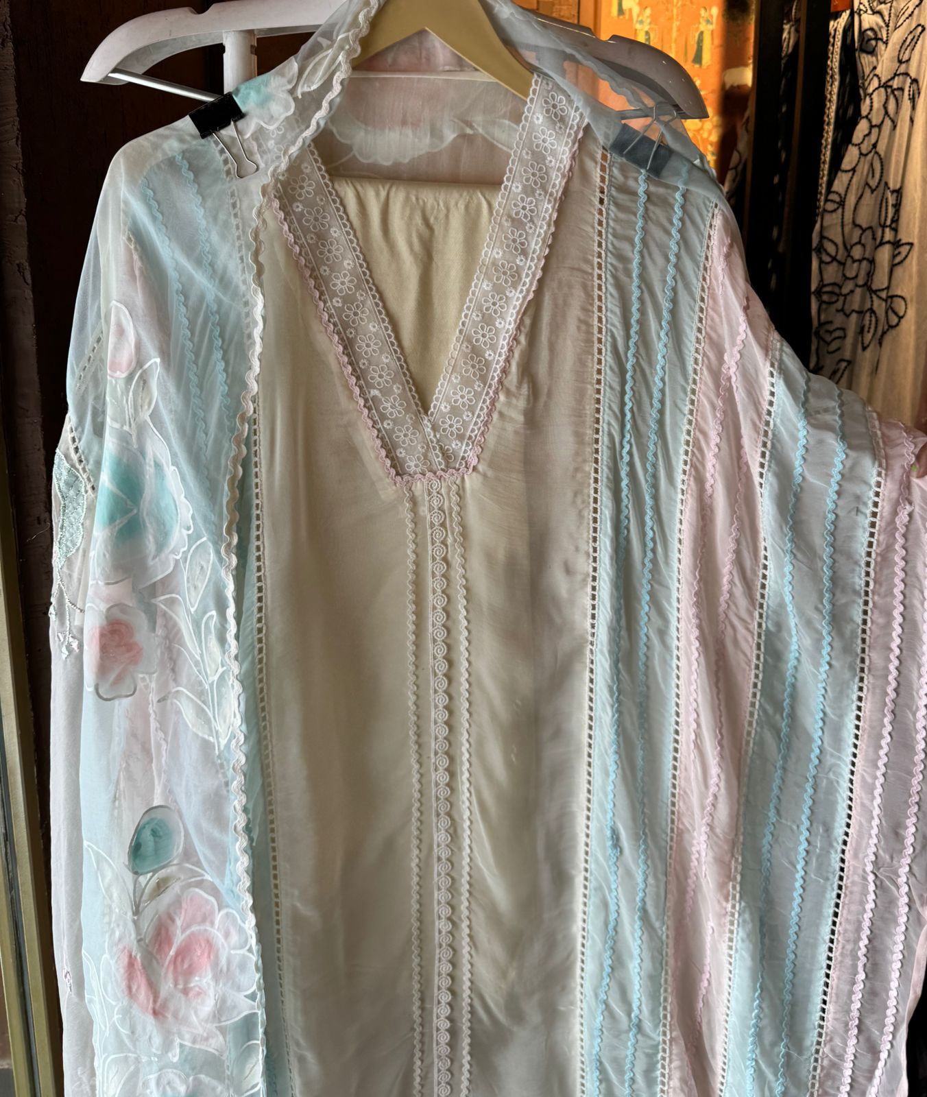 Soft organza Unstitched shirt with Multi lacework