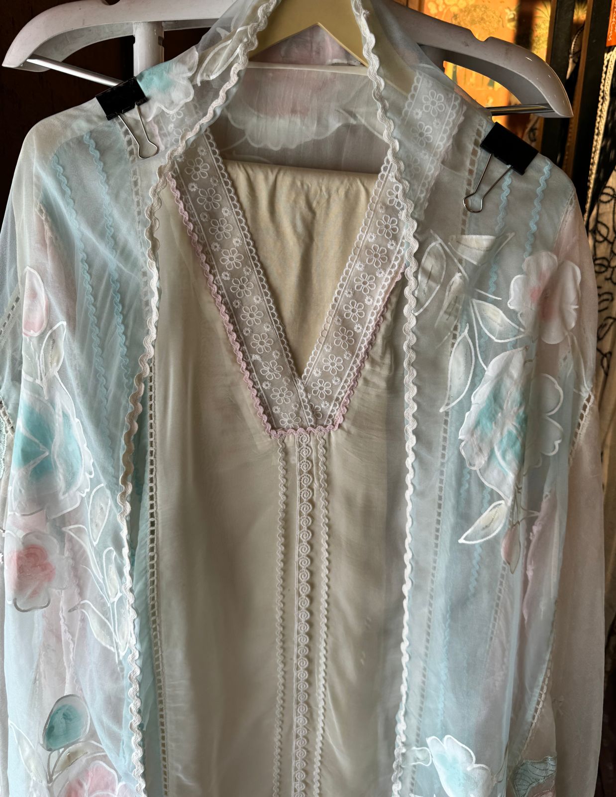 Soft organza Unstitched shirt with Multi lacework