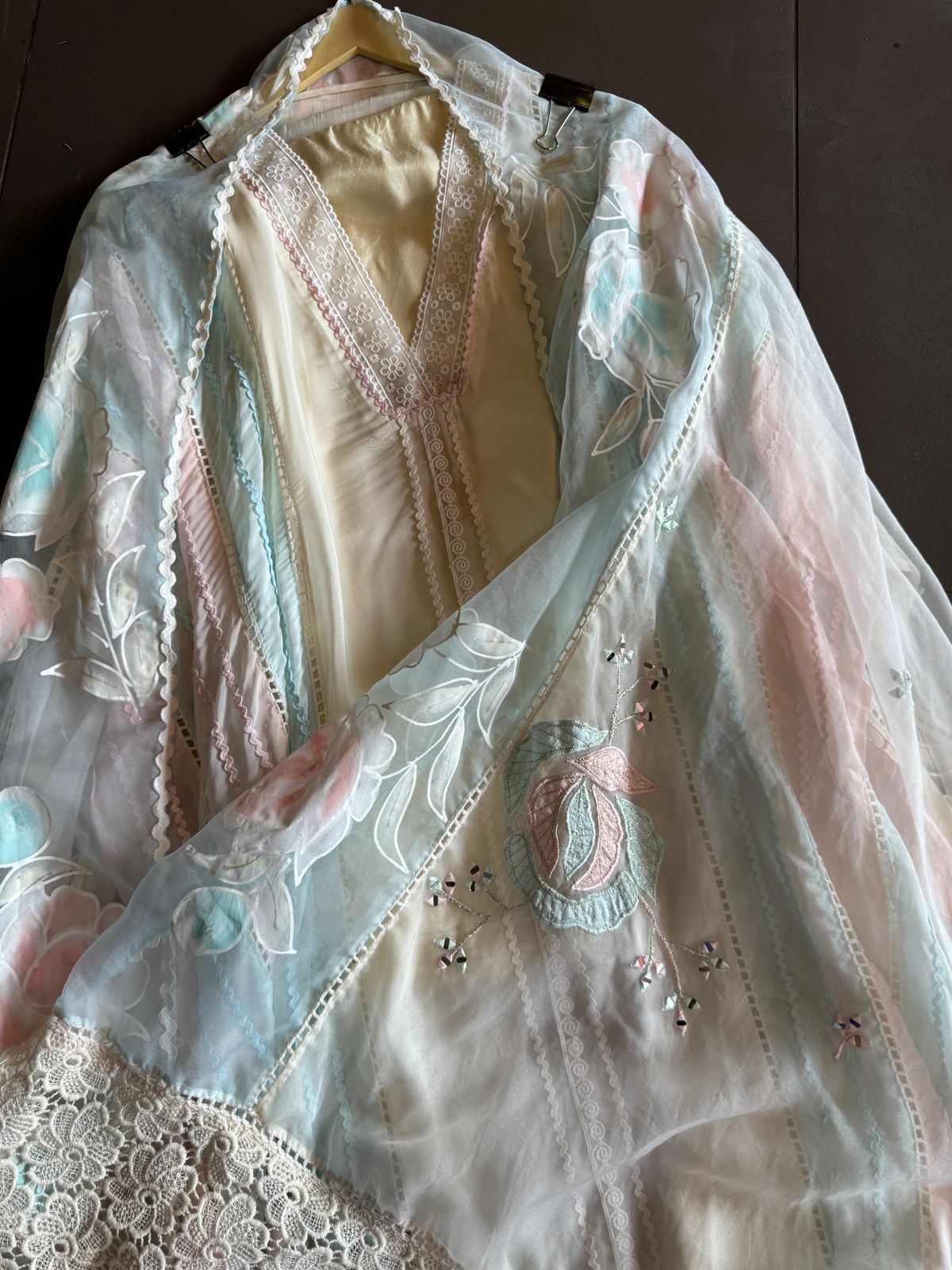 Soft organza Unstitched shirt with Multi lacework