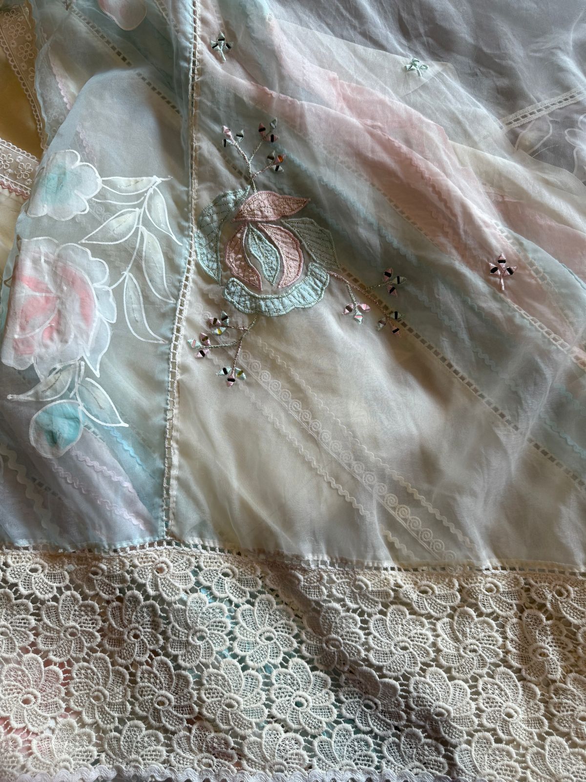 Soft organza Unstitched shirt with Multi lacework