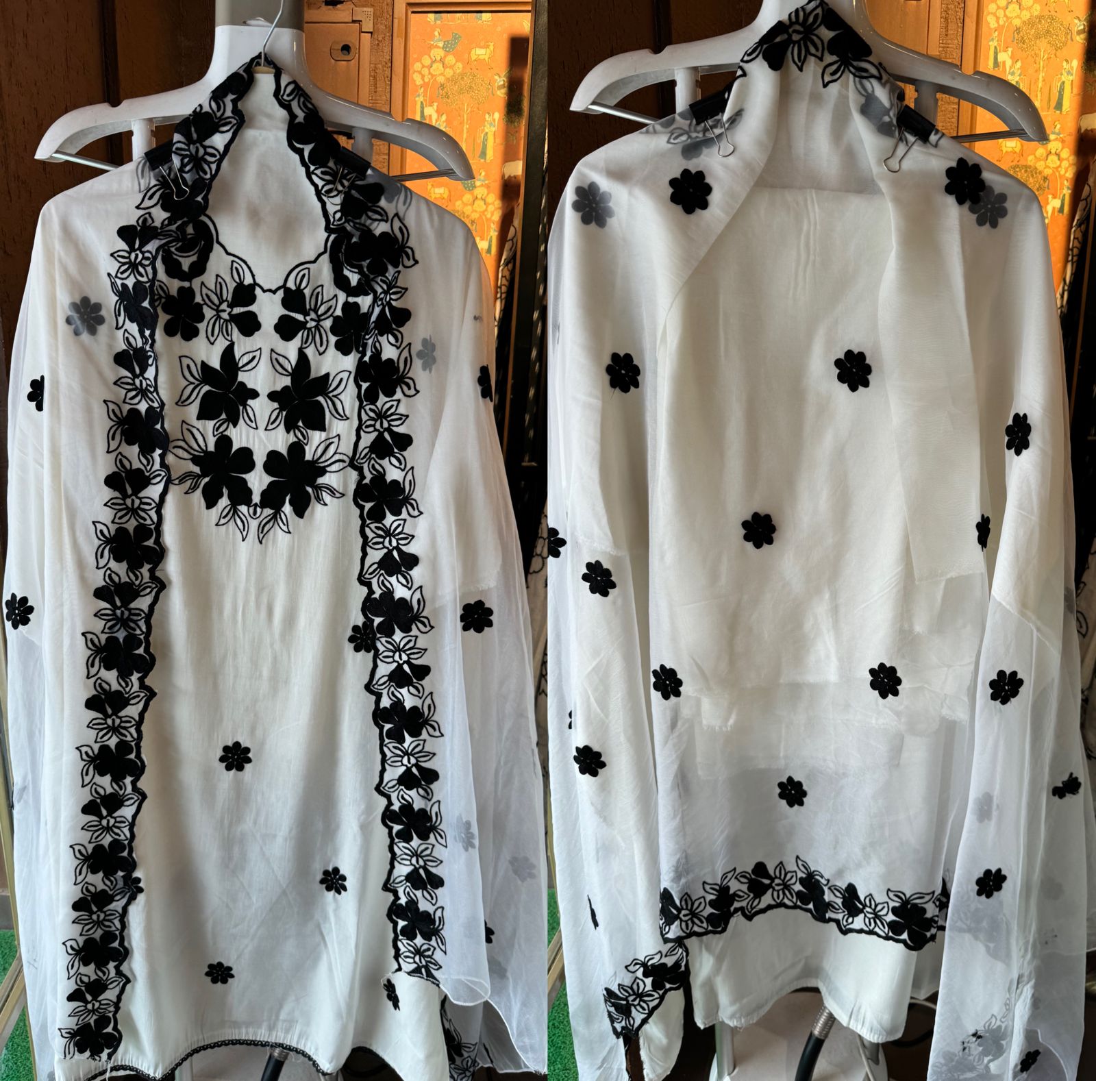 Soft cotton muslin shirt with thread embroidery done on the neckline