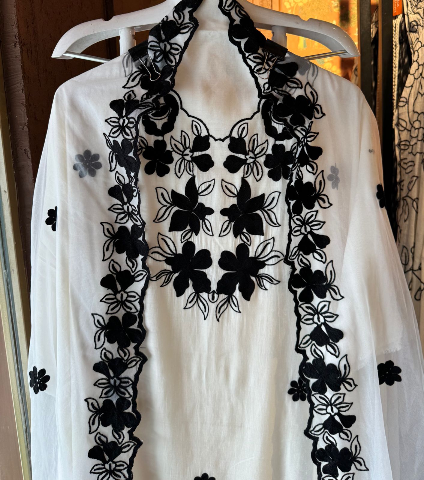 Soft cotton muslin shirt with thread embroidery done on the neckline