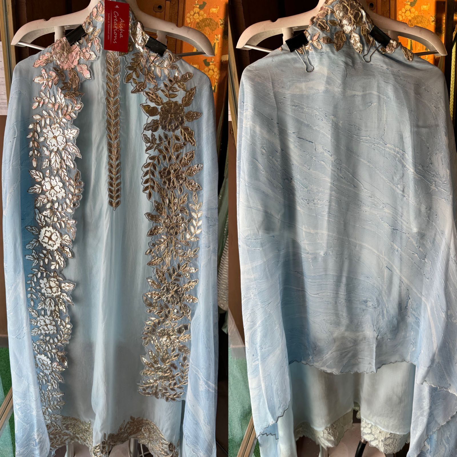 Plain shirt with neck Patti design and Cutwork done on the ghera of the shirt