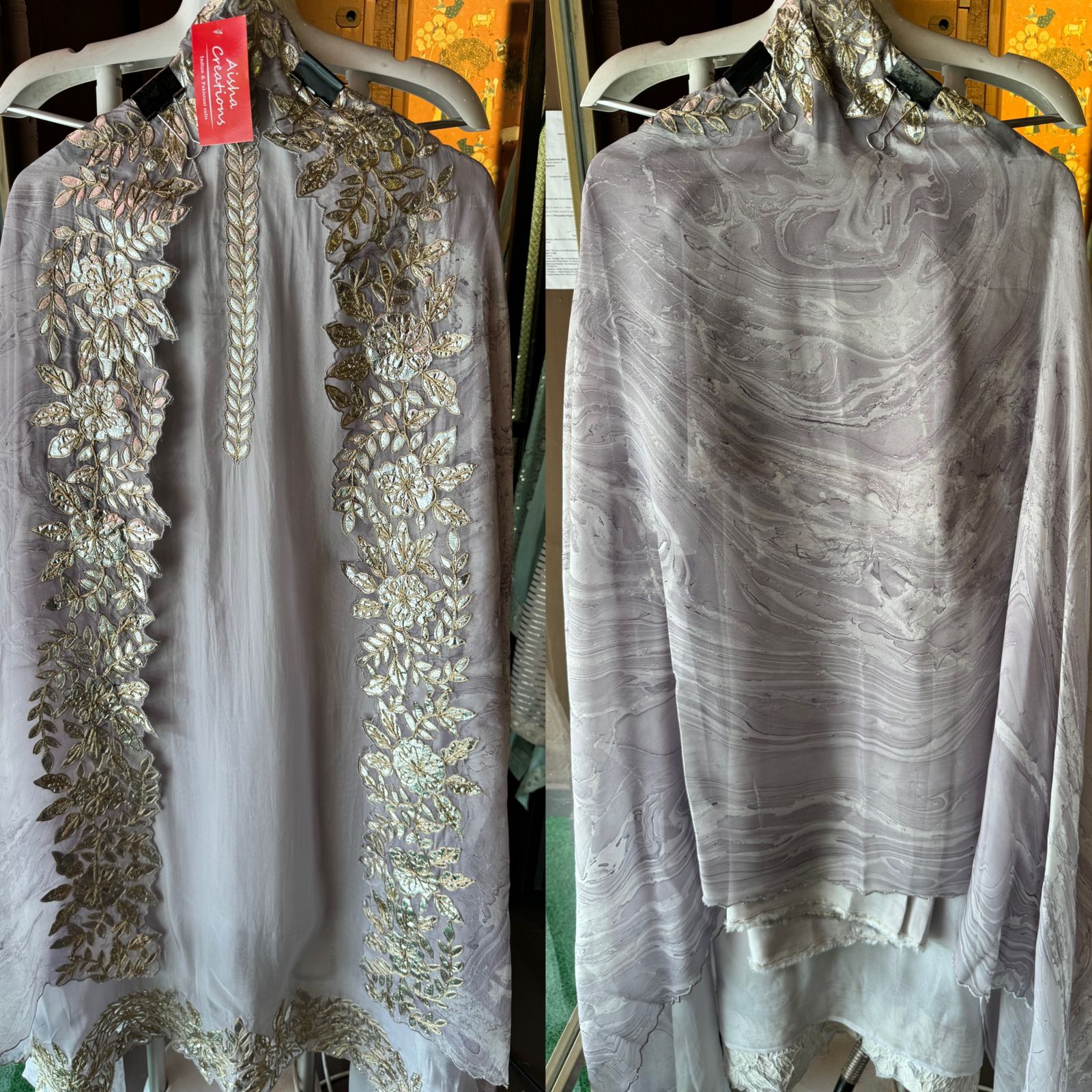 Plain shirt with neck Patti design and Cutwork done on the ghera of the shirt