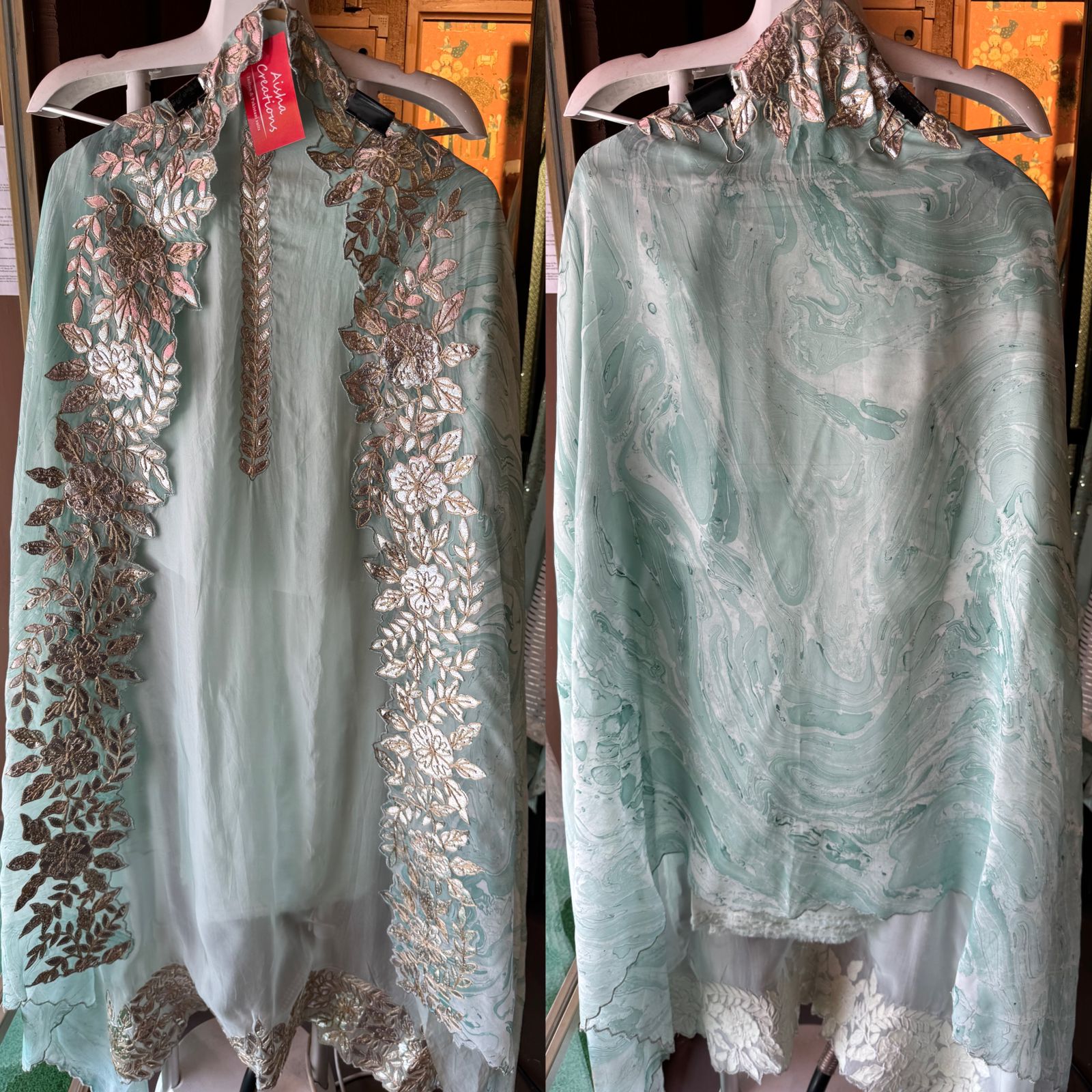 Plain shirt with neck Patti design and Cutwork done on the ghera of the shirt