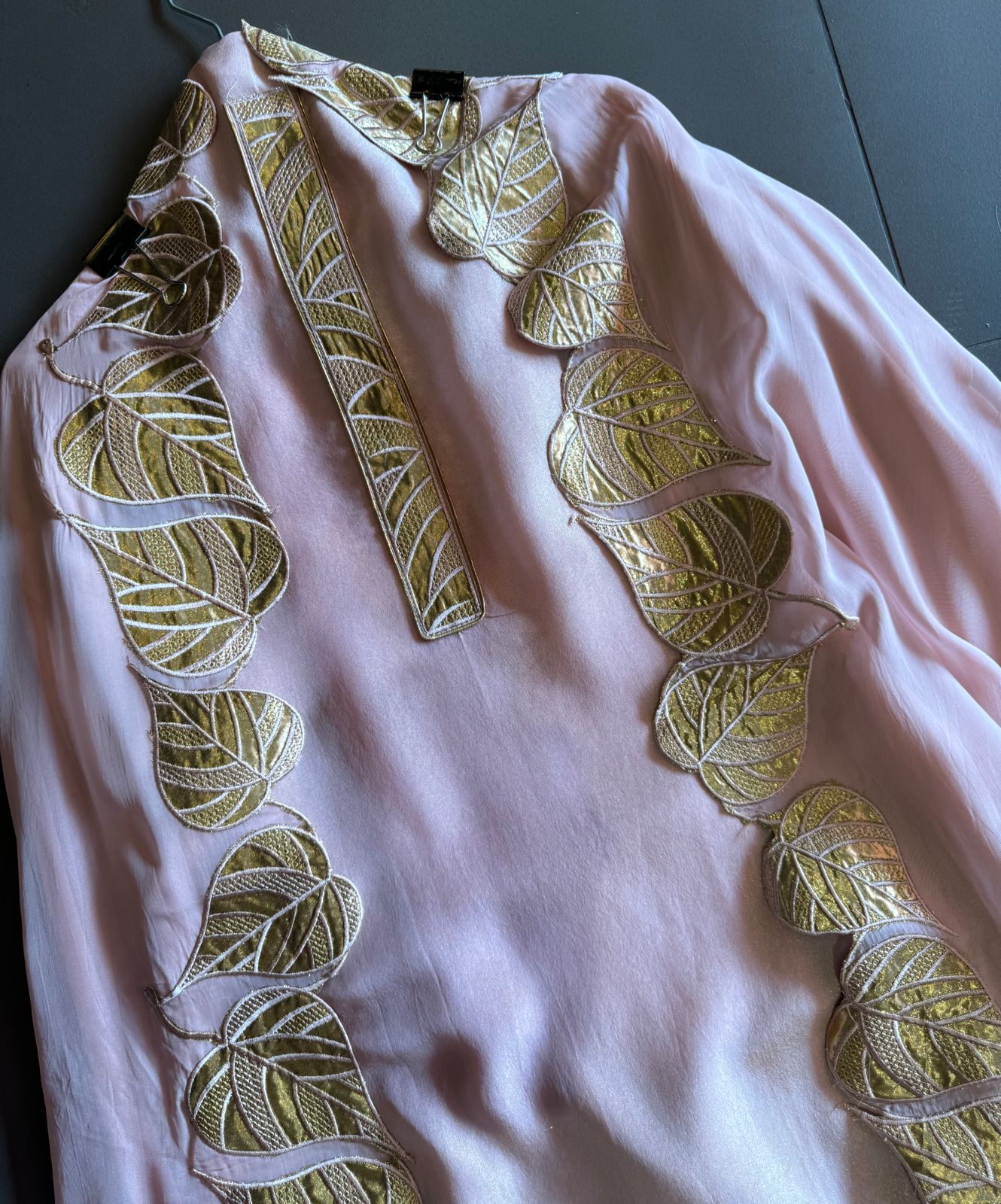 Soft tissue unstitched full size shirt with Leather work patti attached on the neckline