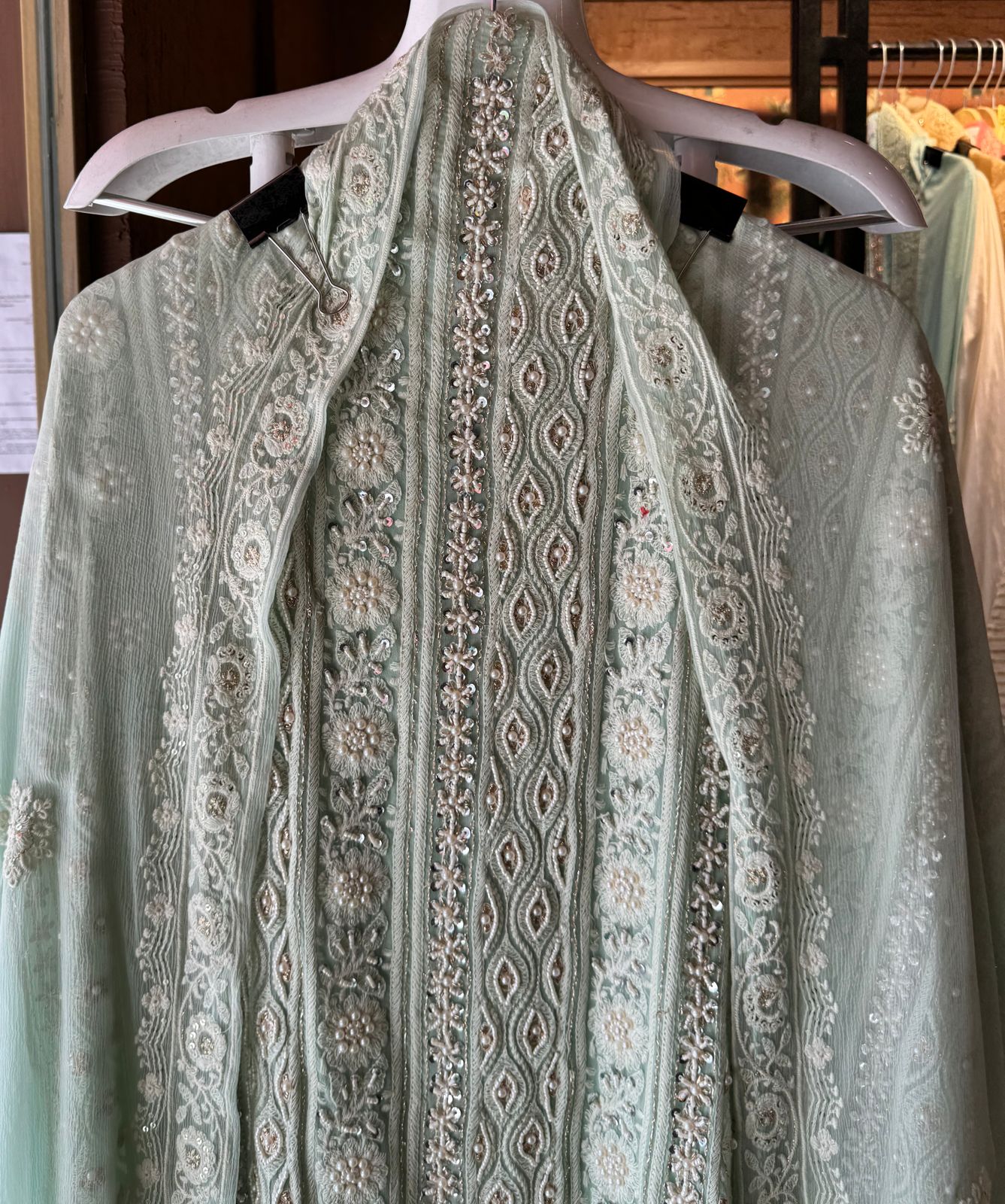 Pure Georgette Suits with Handwork done (Pearl work) with Pure chiffon embroidered Dupatta