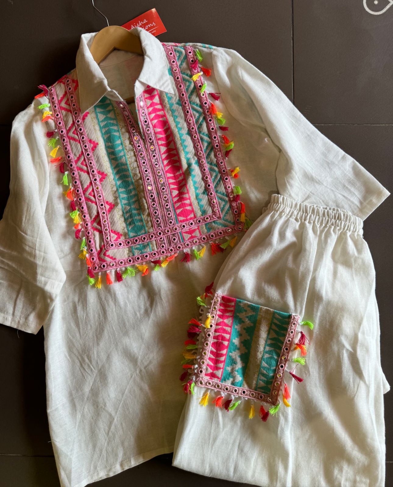 Pure cotton linen COORD set with Beautiful designer Lace Front with hand embroidery