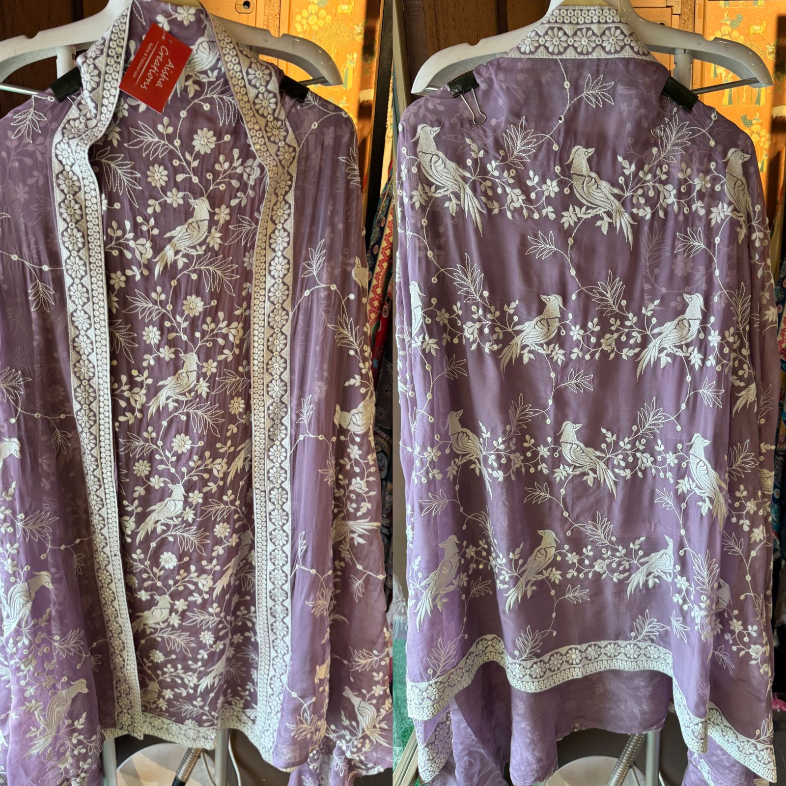 Very beautifully thread work done with sequence highlighting on the shirt front