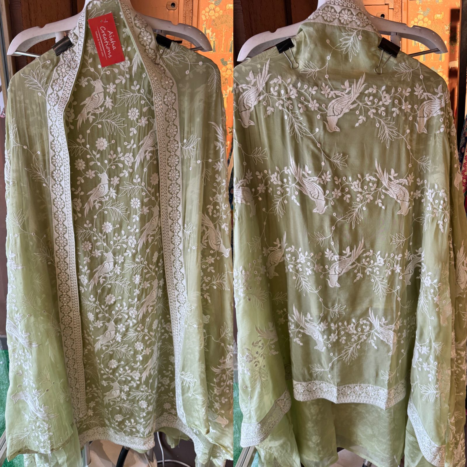 Very beautifully thread work done with sequence highlighting on the shirt front