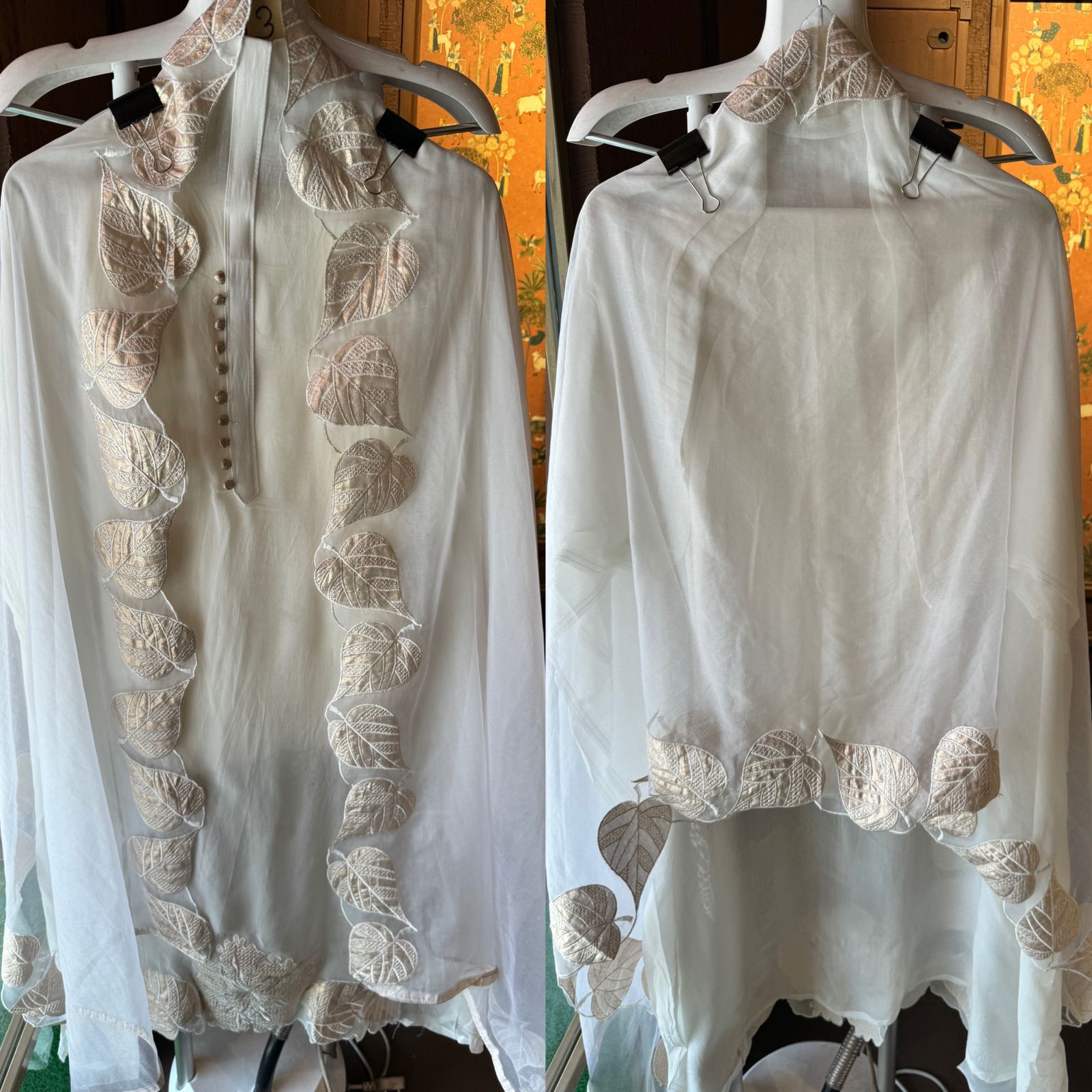 Soft organza Unstitched shirt with beautiful neck Patti with potli button