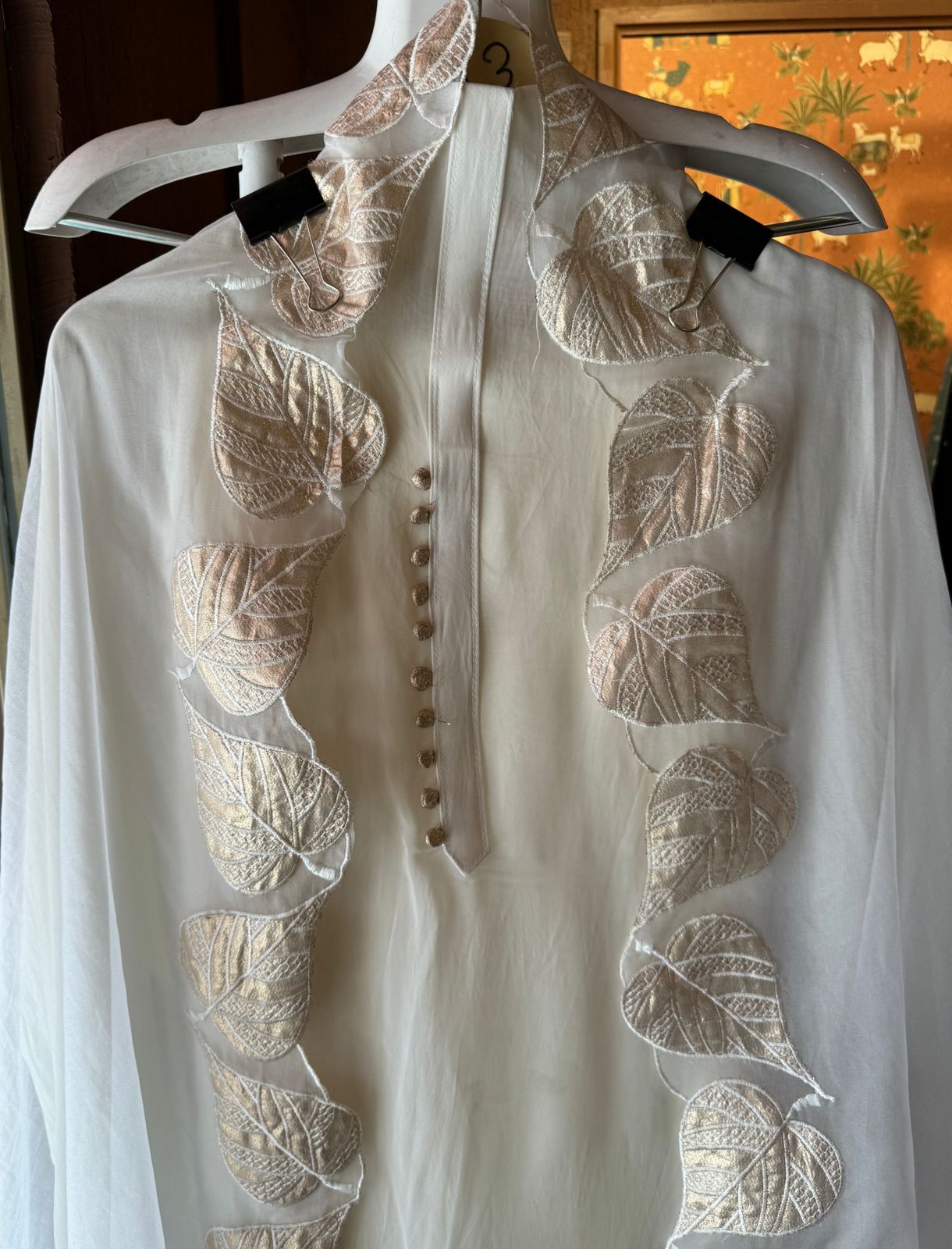 Soft organza Unstitched shirt with beautiful neck Patti with potli button