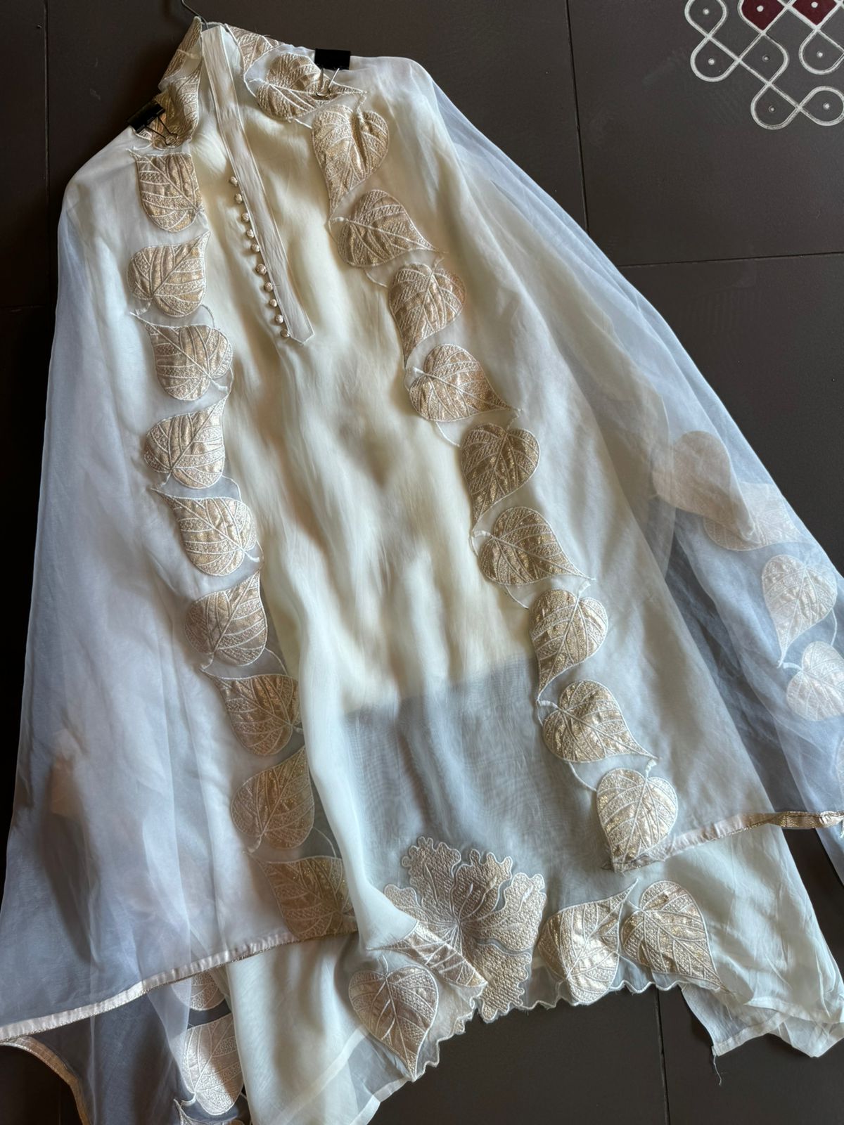 Soft organza Unstitched shirt with beautiful neck Patti with potli button