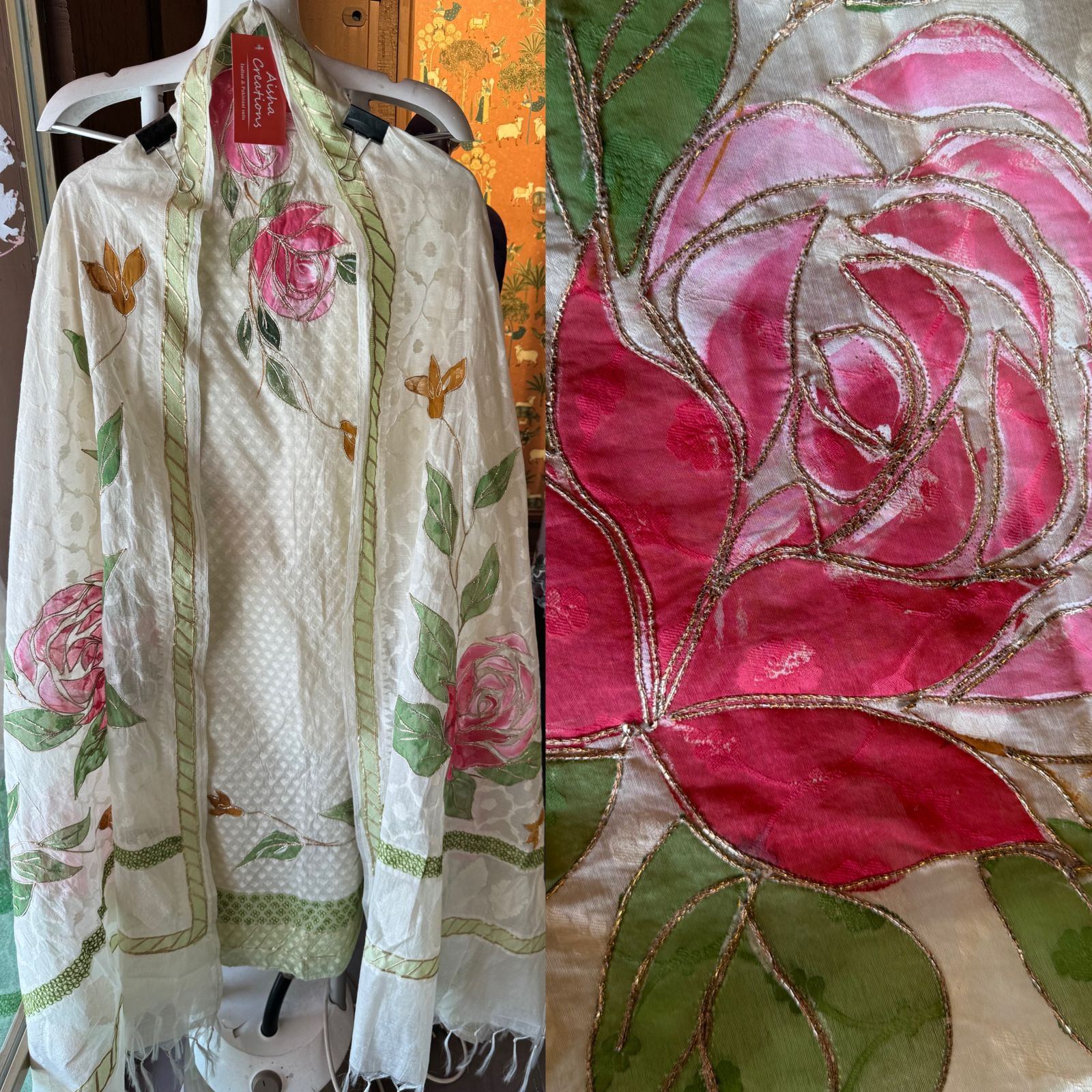 Soft self pure organic cotton shirt with Beautiful patchwork done on the neck front