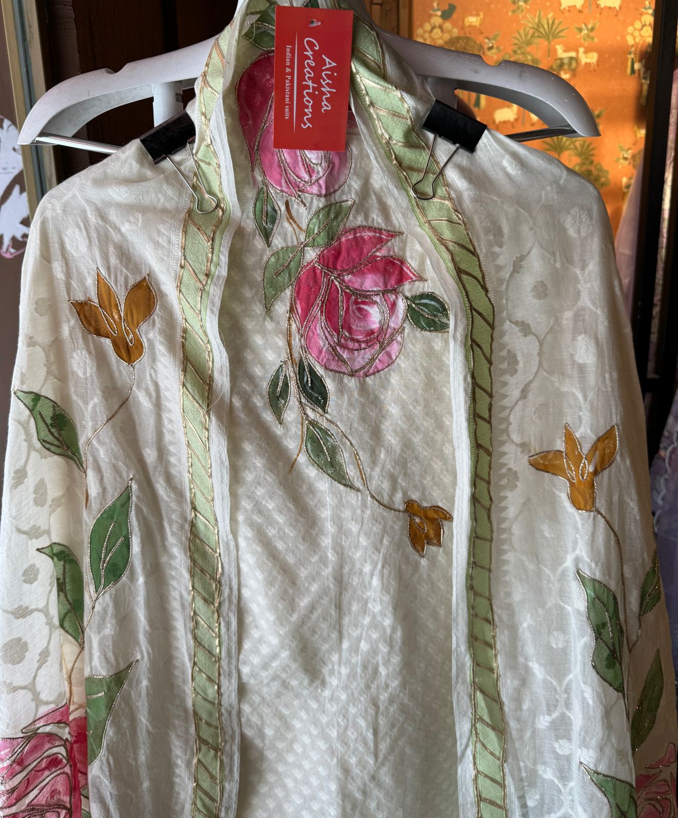 Soft self pure organic cotton shirt with Beautiful patchwork done on the neck front