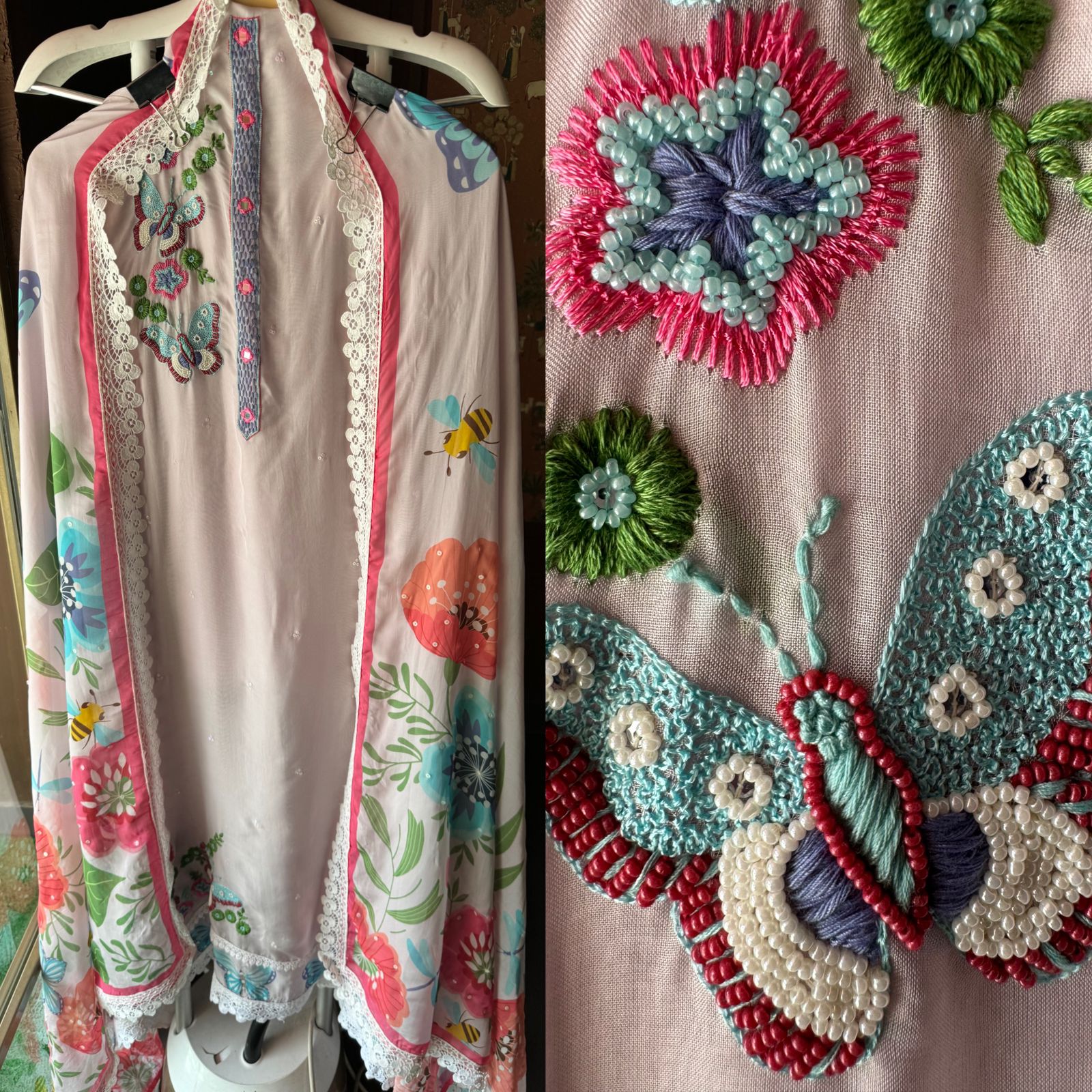 Soft organza Full size unstitched shirt with with Neck Patti