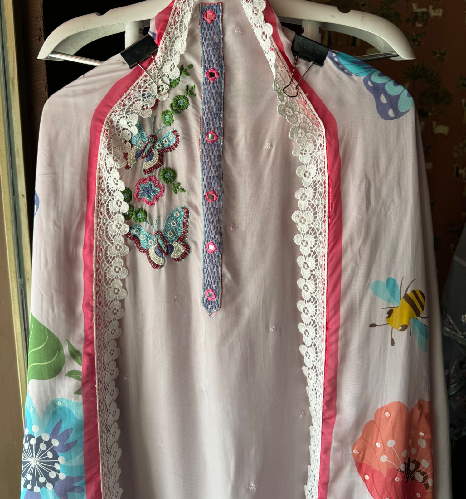 Soft organza Full size unstitched shirt with with Neck Patti