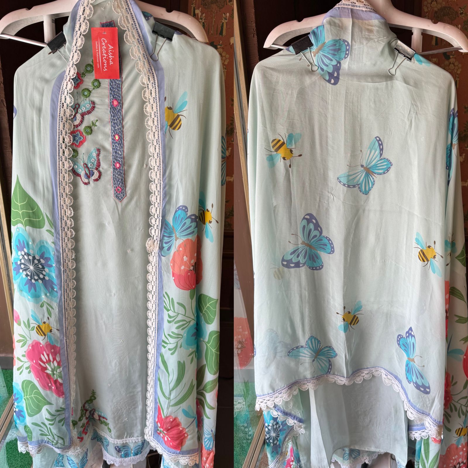 Soft organza Full size unstitched shirt with with Neck Patti