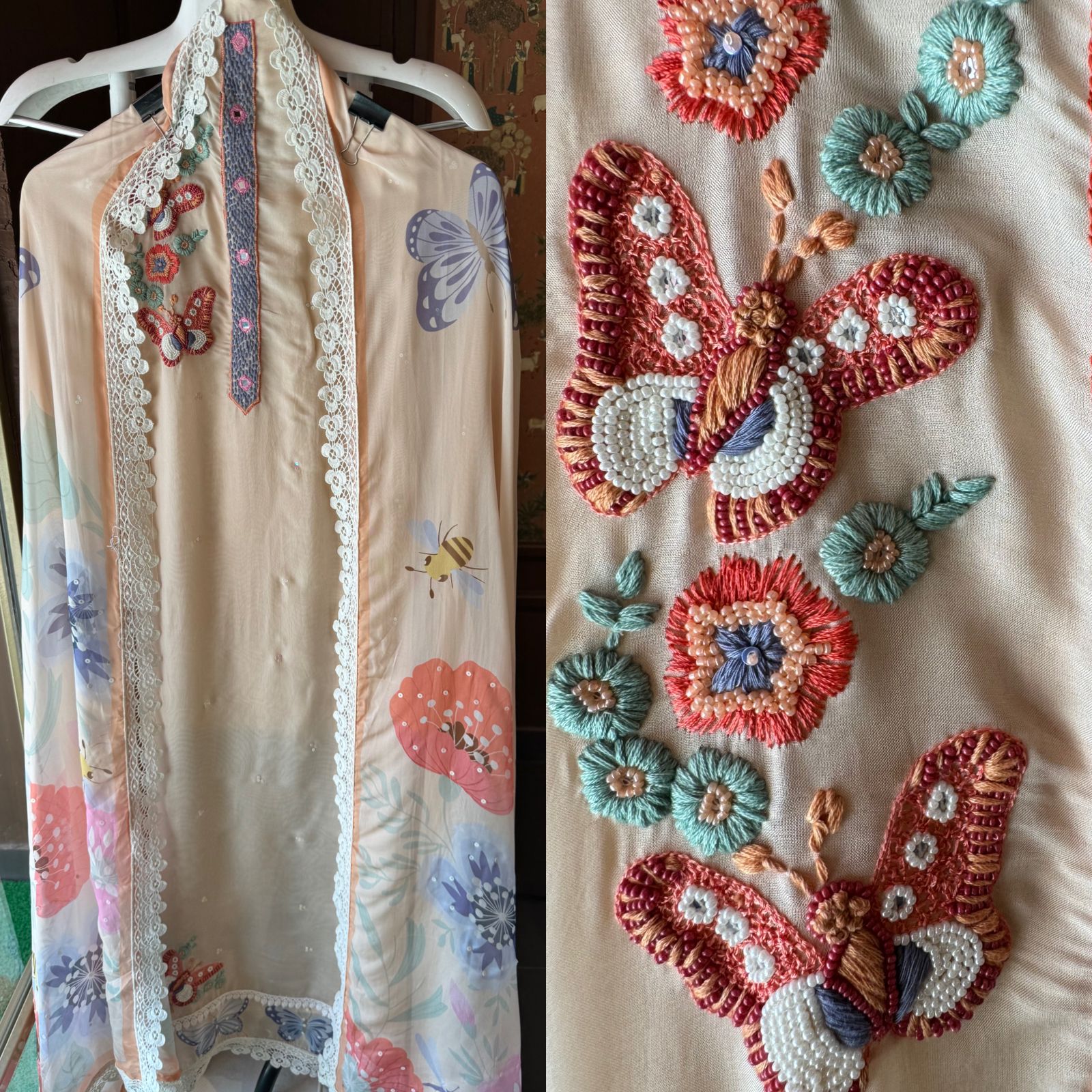 Soft organza Full size unstitched shirt with with Neck Patti