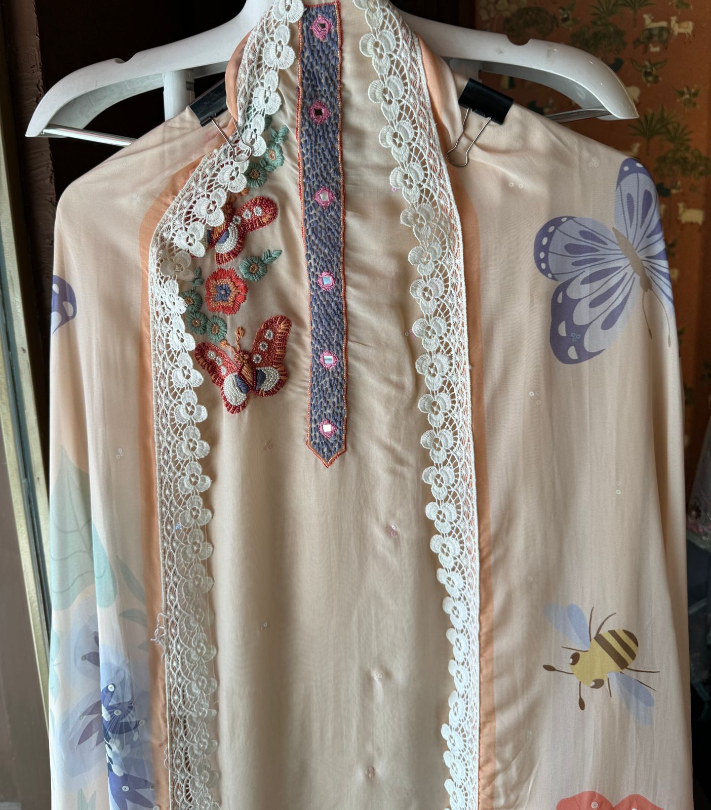 Soft organza Full size unstitched shirt with with Neck Patti