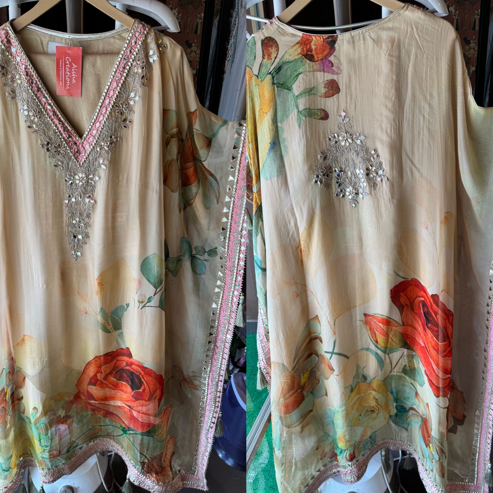 Beautiful stitched kaaftan on organza with floral digital