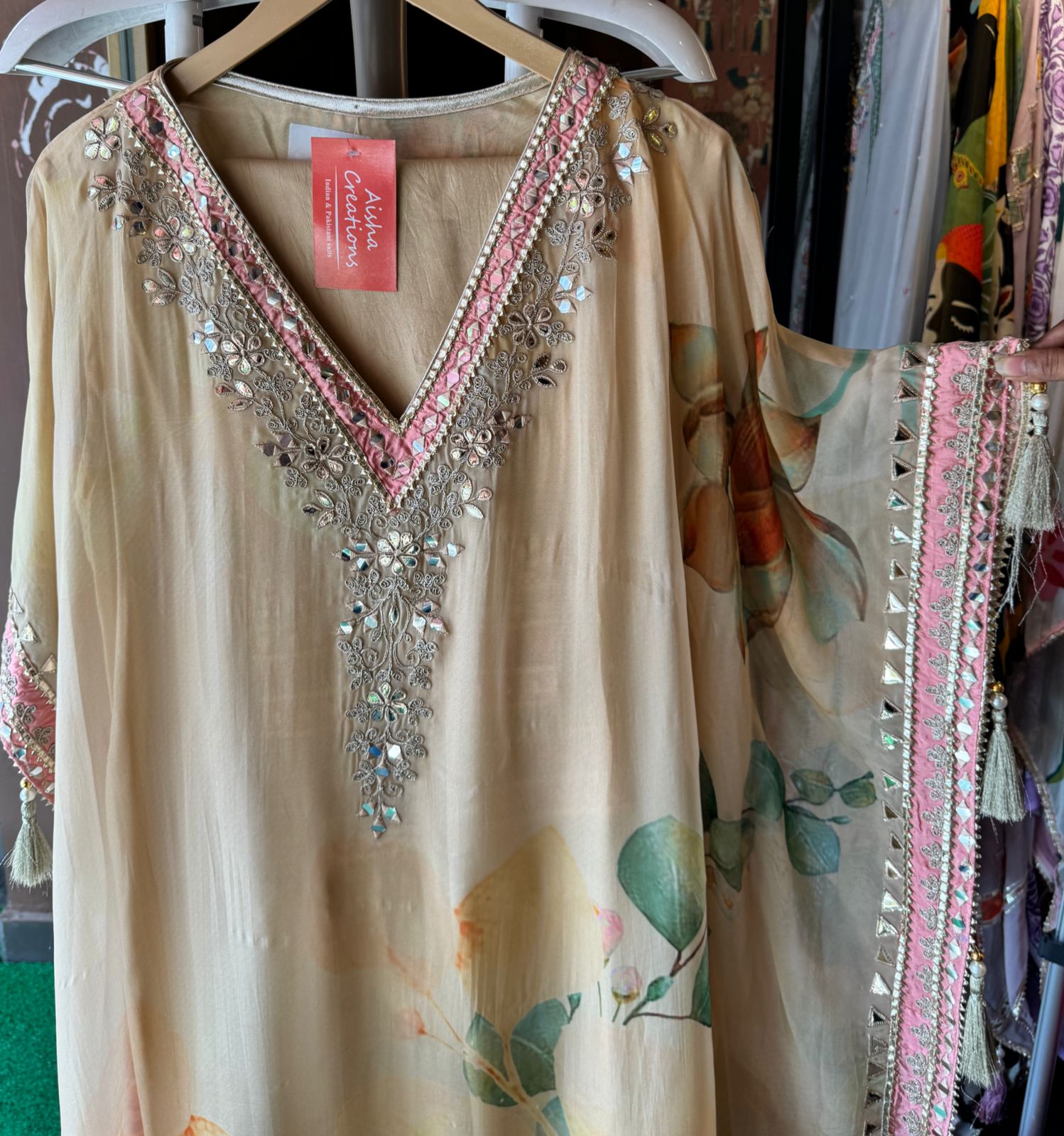 Beautiful stitched kaaftan on organza with floral digital