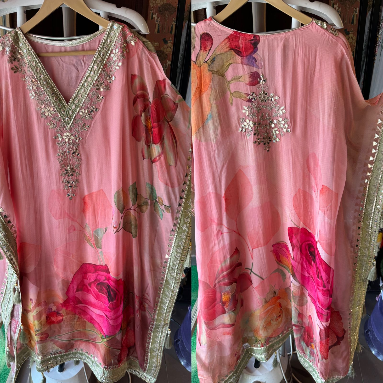 Beautiful stitched kaaftan on organza with floral digital