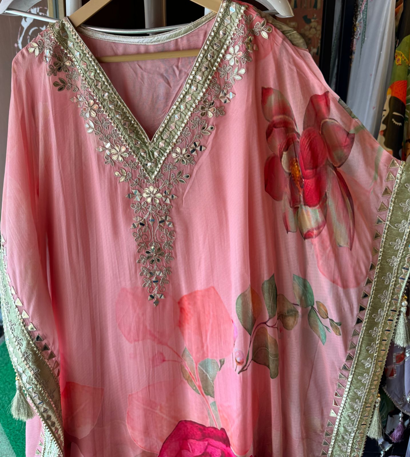 Beautiful stitched kaaftan on organza with floral digital
