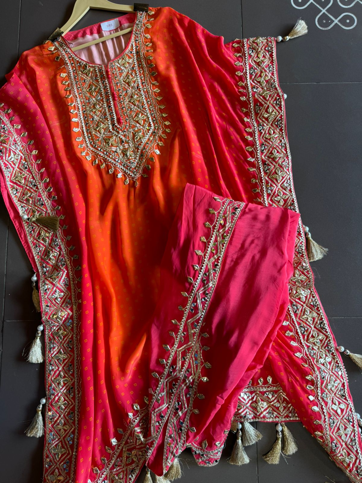 Pure crepe bandej printed kaaftan set ombre shaded